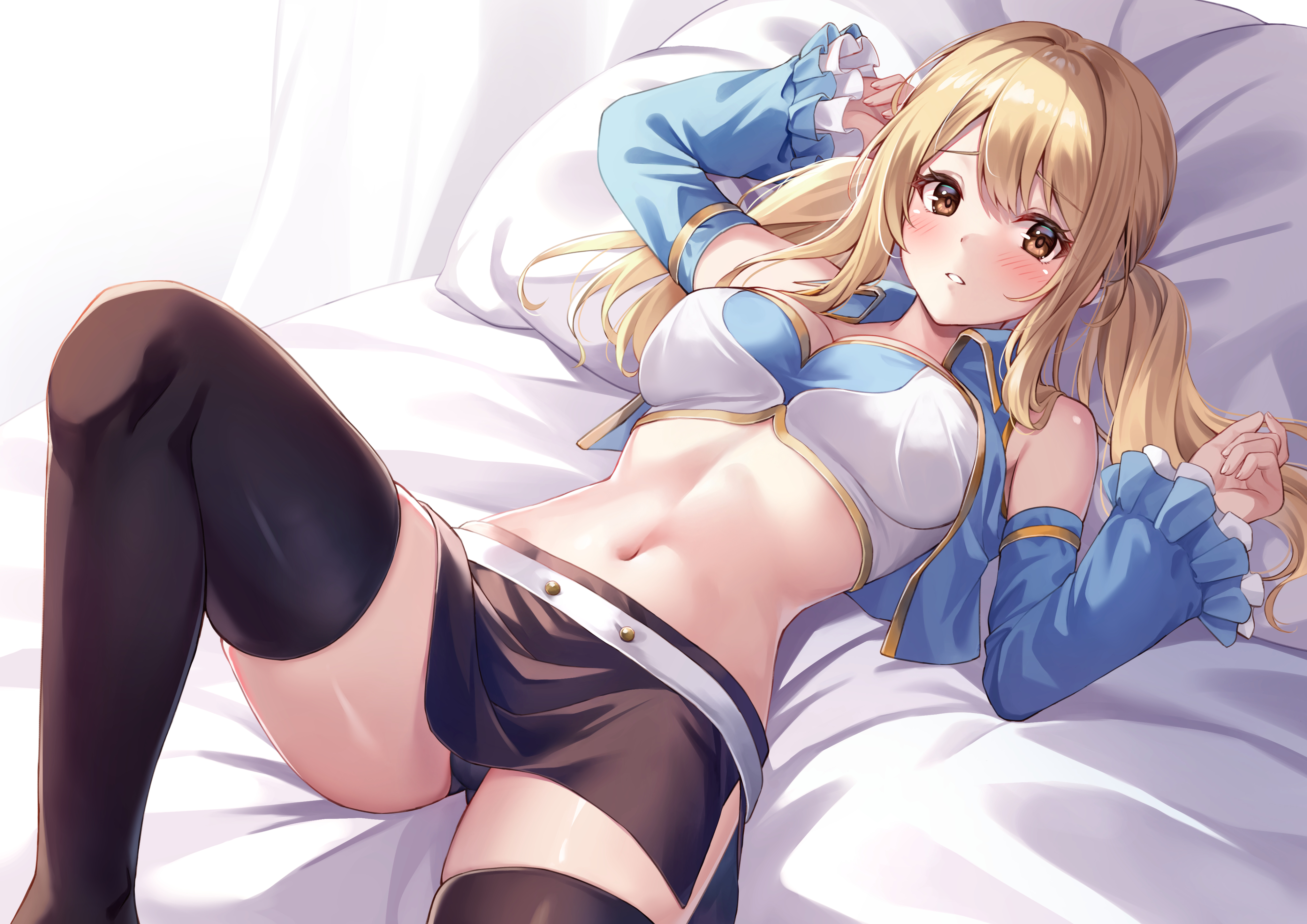 Anime 4093x2894 anime anime girls Heartfilia Lucy  Fairy Tail lying down lying on back blonde yellow eyes blushing stockings belly belly button big boobs bare shoulders pillow twintails bed looking at viewer