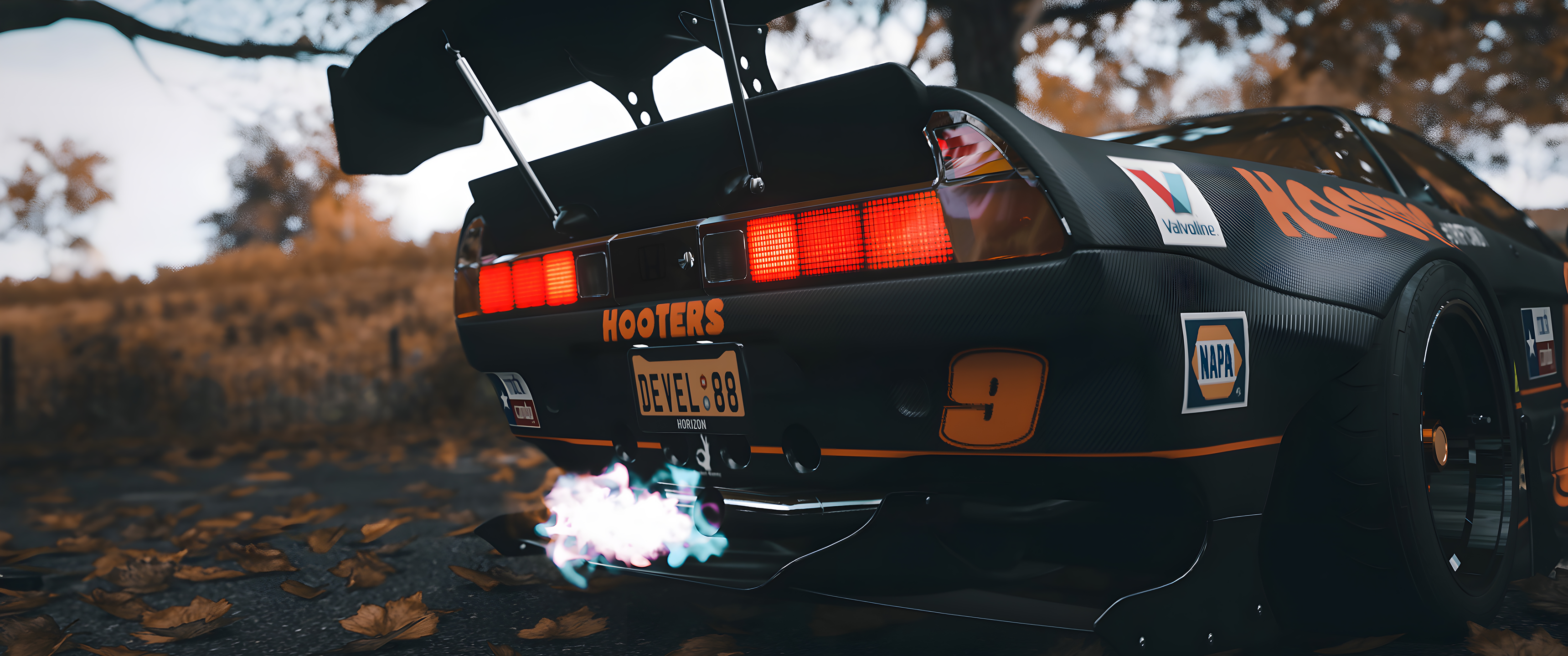 General 3440x1440 car supercars ultrawide licence plates rear view taillights depth of field leaves Hooters vehicle CGI video games trees video game art Forza Forza Horizon bodykit Honda NSX Japanese cars PlaygroundGames