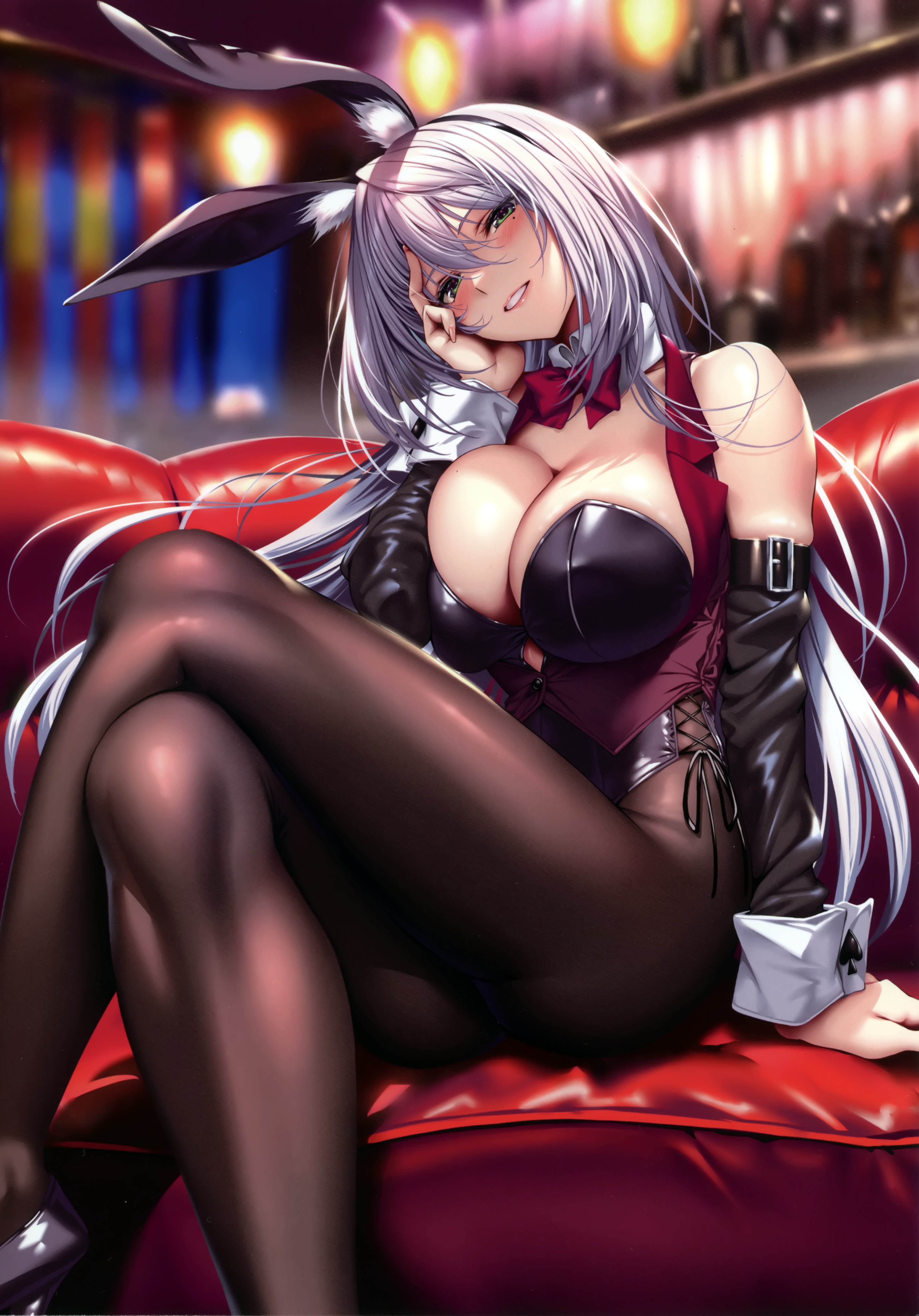 Anime 4221x6048 portrait display anime girls looking at viewer sitting huge breasts cleavage long hair legs crossed animal ears bunny ears bunny girl bunny suit depth of field pantyhose black pantyhose leotard detached sleeves indoors blurry background heels piromizu bare shoulders sitting on the couch bar Amagasa Tsuzuri couch open mouth shiny clothing black leotard red couch green eyes women indoors mole under eye smiling Hanikami Kanojo bow tie