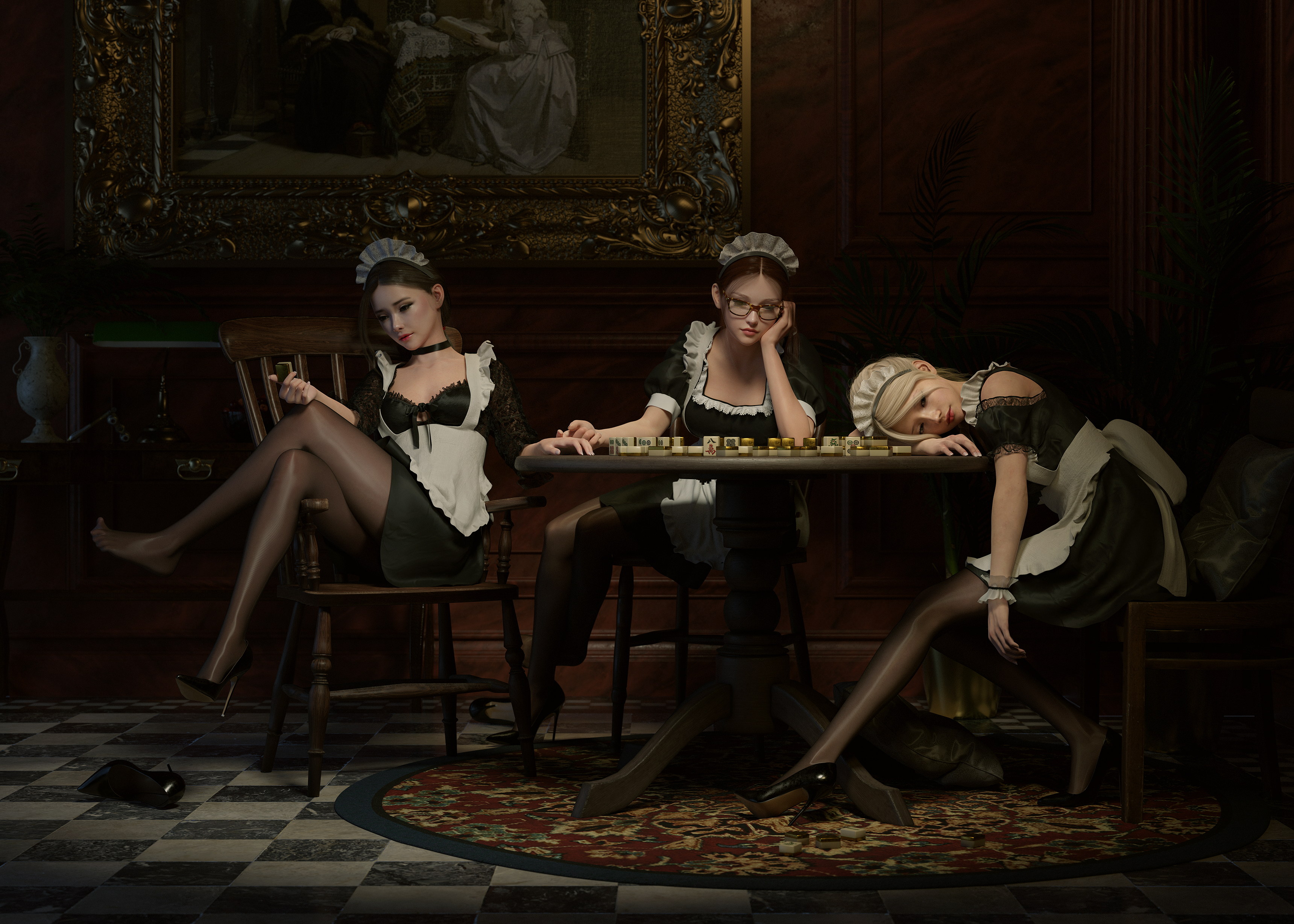 General 3440x2457 maid digital art women original characters CGI Lou LL table maid outfit sitting checkered legs crossed mahjong board games pantyhose chair indoors women indoors glasses choker hand on face black heels stockings
