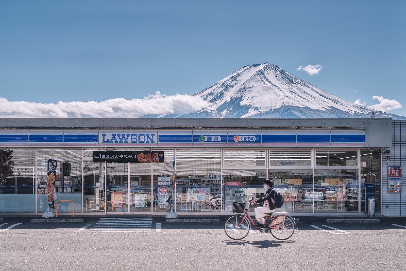 General 1600x1066 photography Mount Fuji Lawson mountains snow snowy mountain snowy peak bicycle store front Japanese parking lot clouds mask backpacks sunlight sky Japan