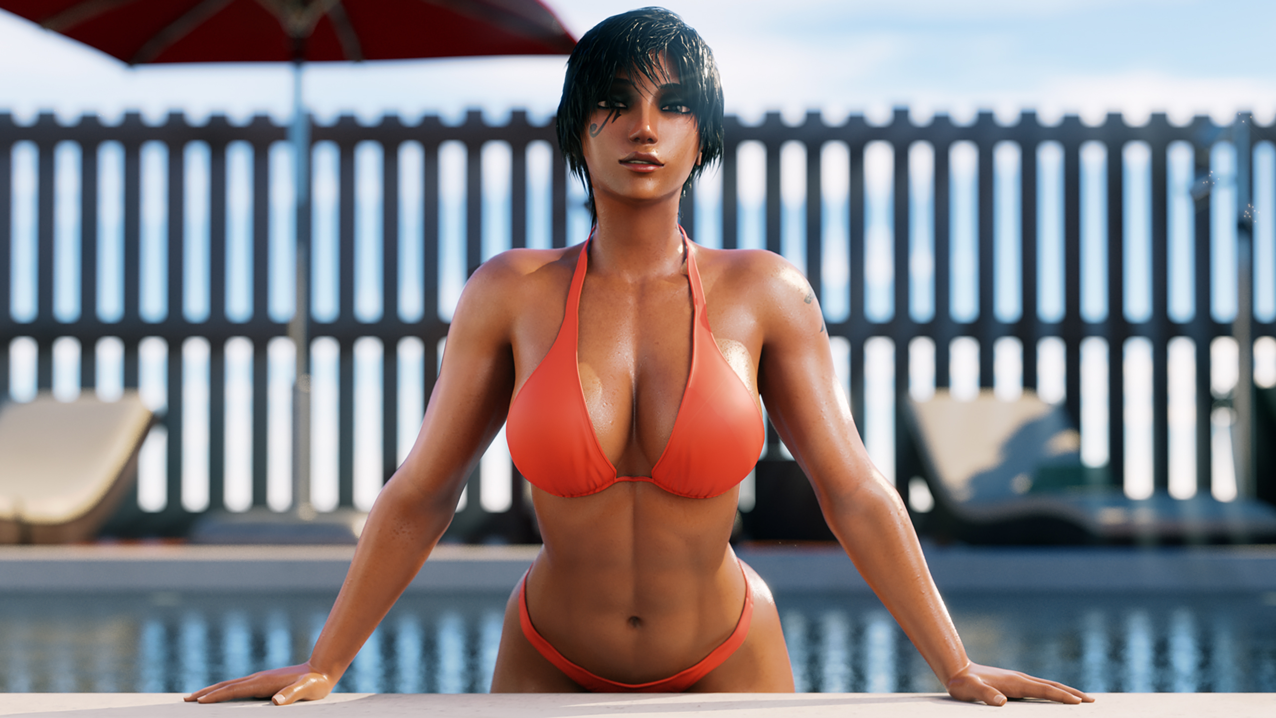 General 2560x1440 Pharah (Overwatch) Overwatch video games video game girls pool party black hair Egyptian muscles strong woman red bikini cleavage toned female rule 34 blurred blurry background water big boobs short hair looking at viewer video game characters CGI wet hair