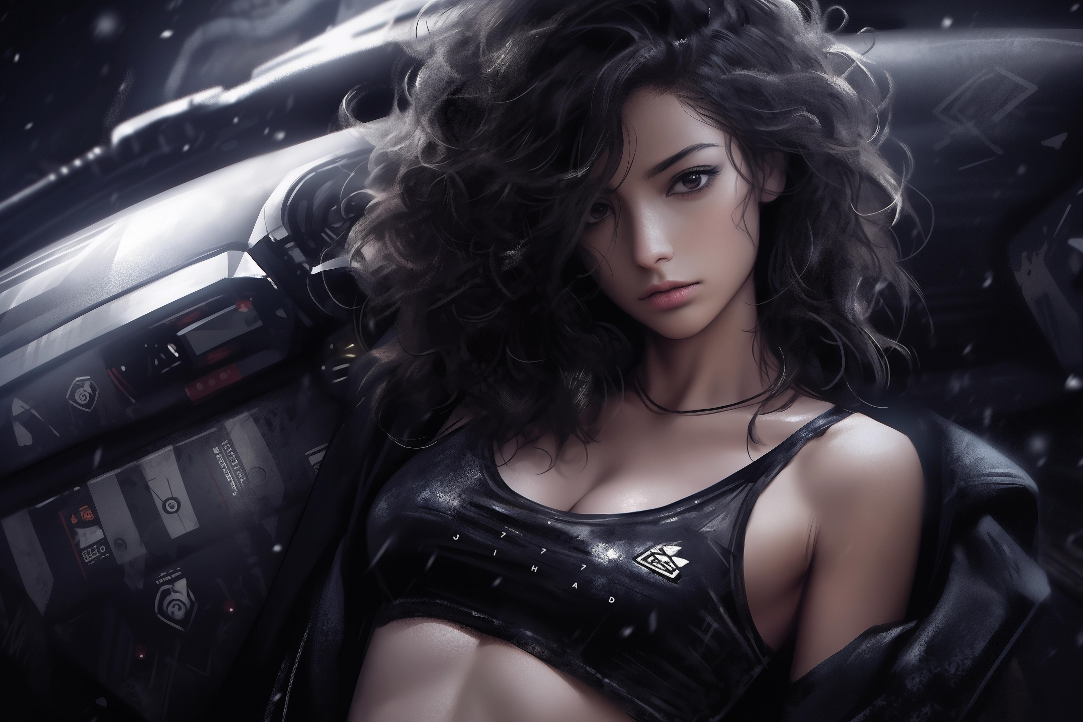 General 2160x1440 Stable Diffusion AI art shoulder length hair women tank top open jacket portrait sports bra digital art looking at viewer long hair wavy hair closed mouth cleavage