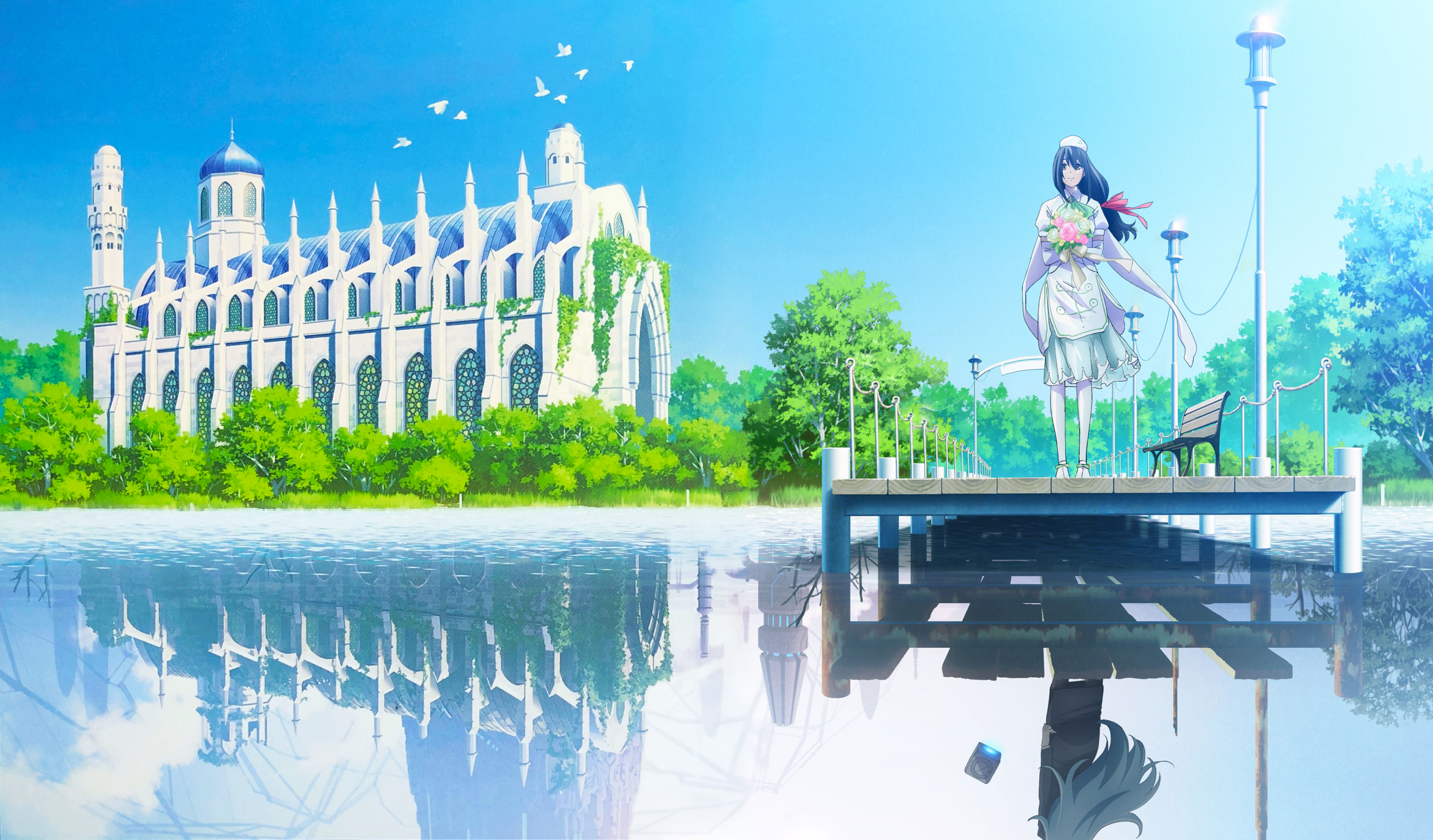 Anime 2472x1451 Vivy: Fluorite Eye’s Song Grace (Vivy: Fluorite eye's song) Vivy science fiction anime girls reflection water looking away elbow gloves flowers smiling closed mouth long hair church building jetty bench trees hat dress