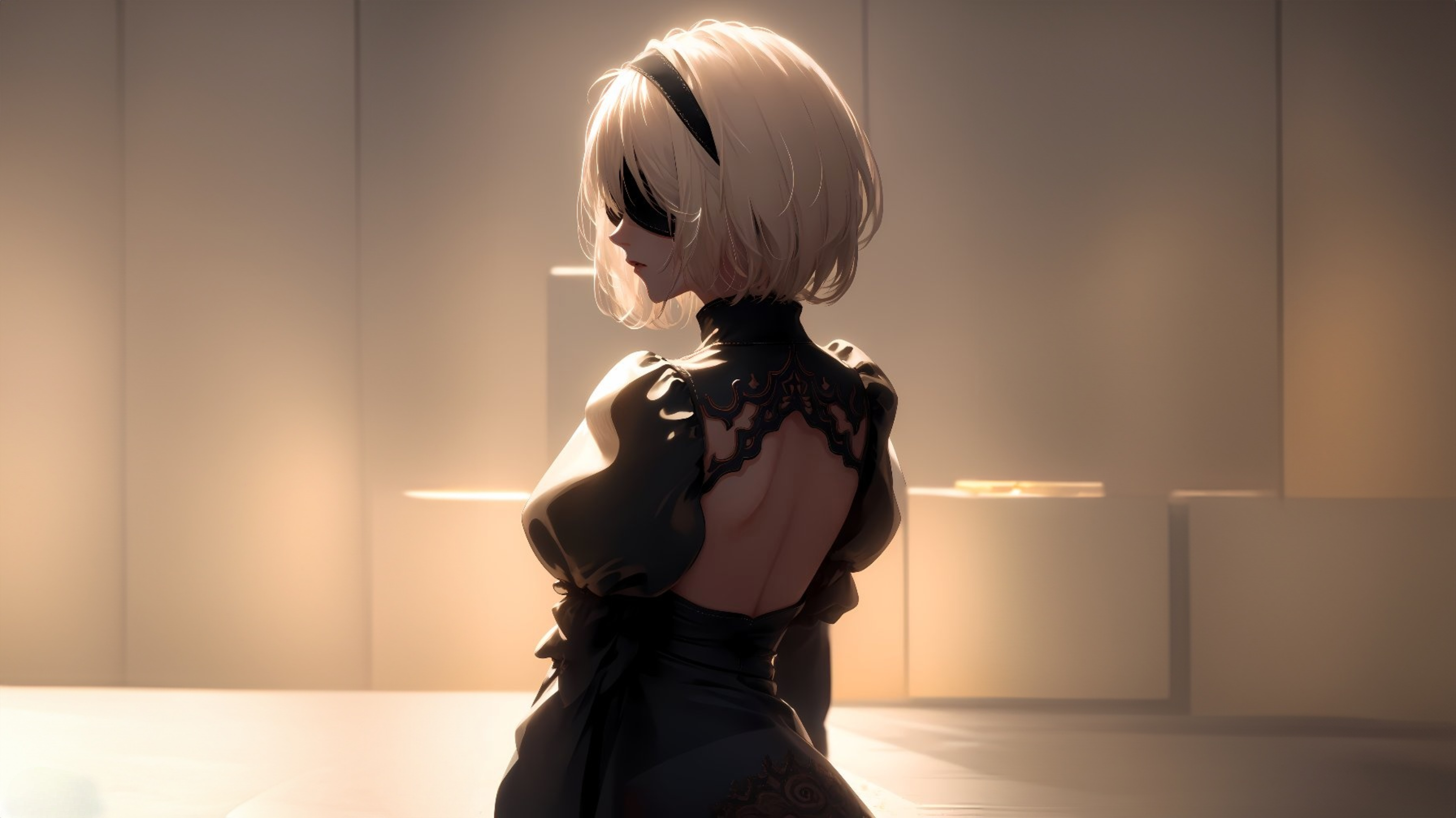 Anime 4096x2303 2B (Nier: Automata) Pixiv AI art Nier: Automata short hair blindfold digital art standing closed mouth back anime girls white hair