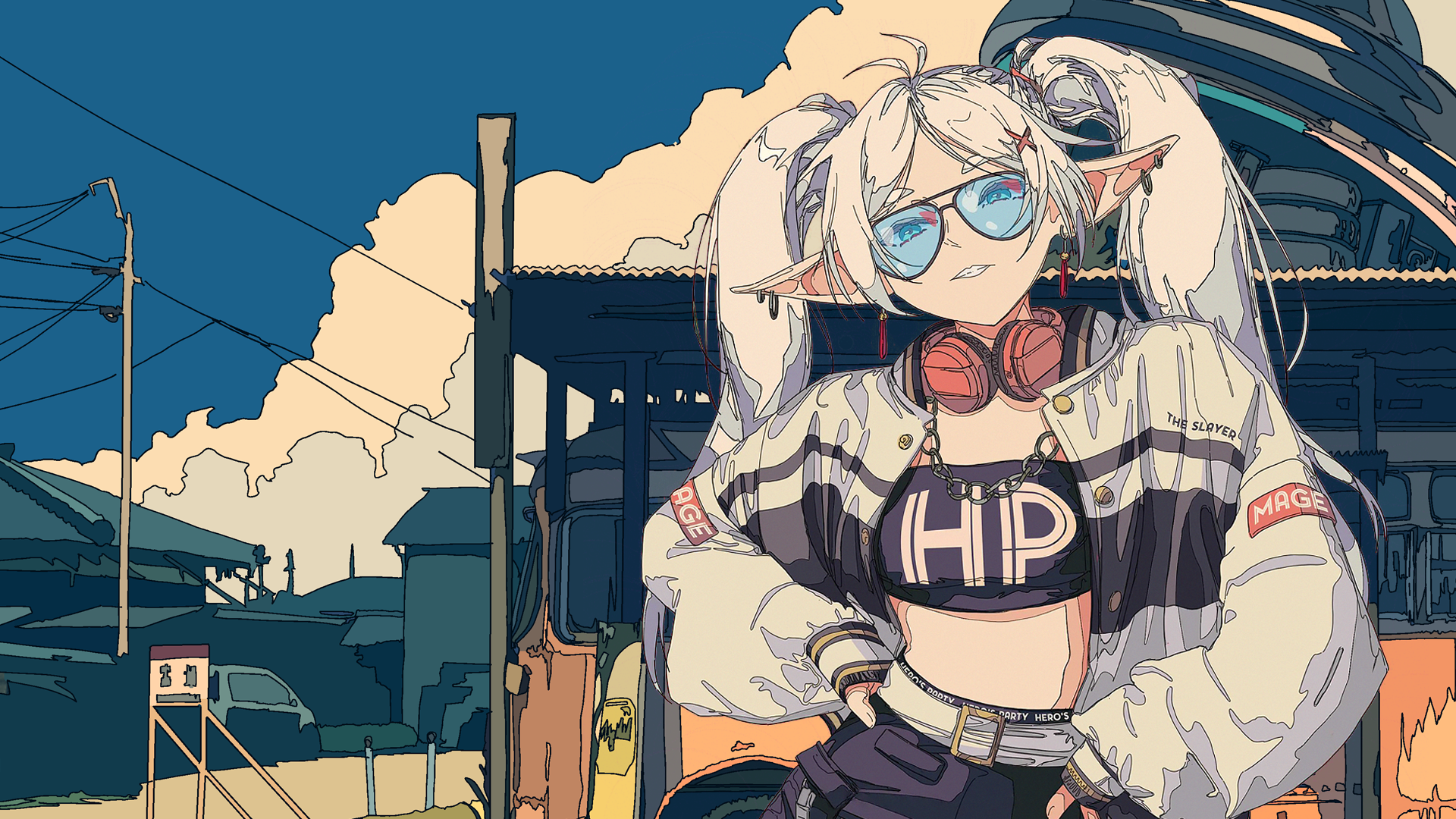 Anime 1920x1080 nest_virgo Cogecha Frieren illustration crossover Sousou No Frieren anime sky twintails clouds headphones pointy ears looking at viewer jacket bare midriff digital art ear piercing hands on hips chains glasses belly long hair open jacket blonde blue eyes signs anime girls