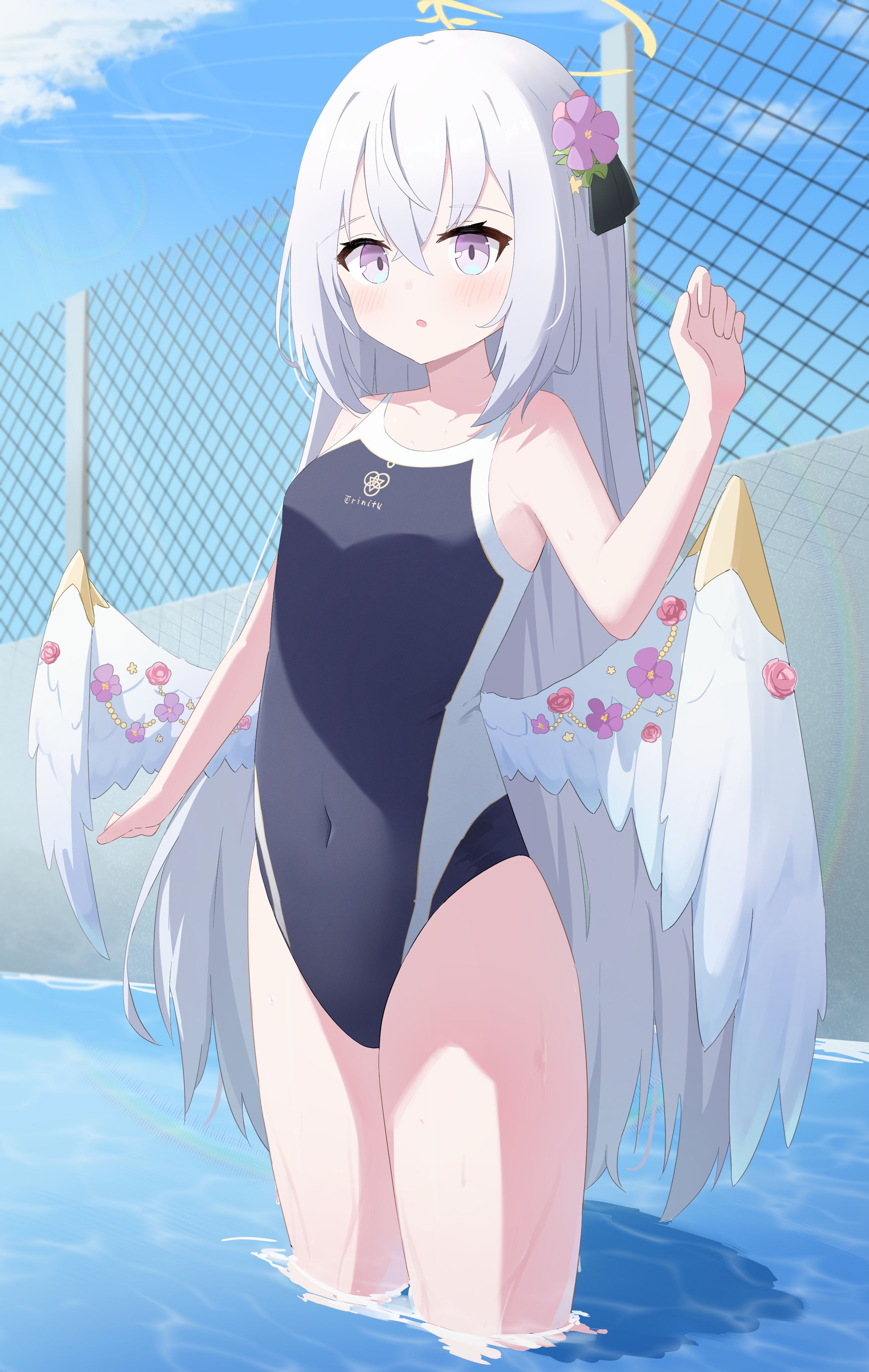 Anime 2606x4117 Blue Archive swimwear anime girl with wings long hair white hair Azusa (Blue Archive) Shirasu Azusa anime girls purple eyes standing standing in water water fence portrait display looking at viewer wings flower in hair sunlight sky clouds blushing one-piece swimsuit flowers
