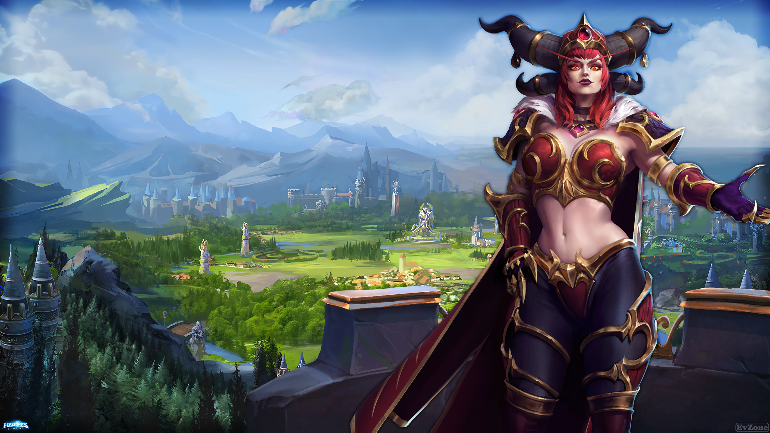 General 2560x1440 Heroes of the Storm Alexstrasza digital art watermarked clouds looking at viewer sky armor horns belly belly button standing landscape mountains trees claws redhead smiling closed mouth