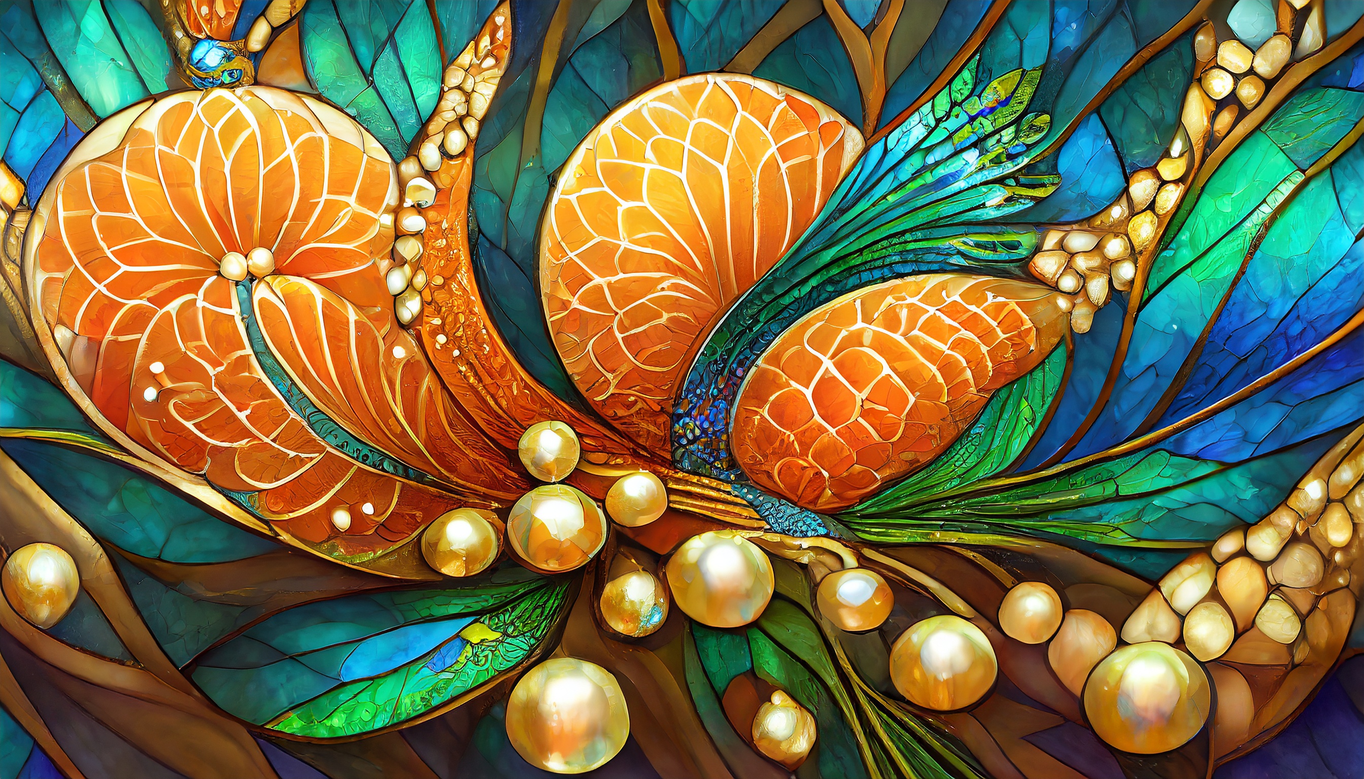 General 2688x1536 AI art digital art orange peacocks peacock feathers stained glass