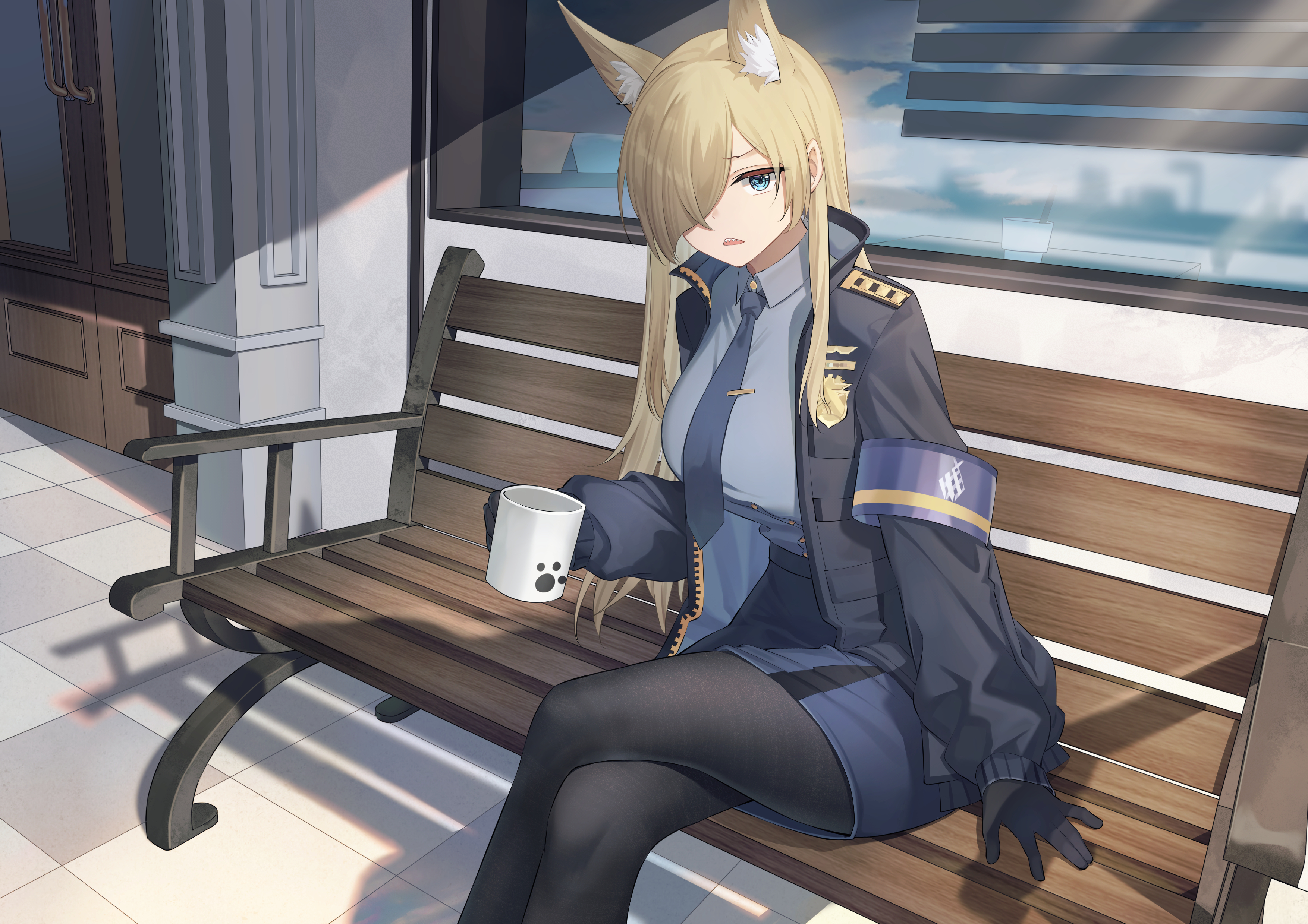 Anime 3508x2480 legs cup sitting pantyhose long hair hair over one eye blonde blue eyes looking at viewer jacket Blue Archive anime girls sunlight Kanna (Blue Archive) tie fox girl fox ears legs crossed pointy teeth open mouth uniform