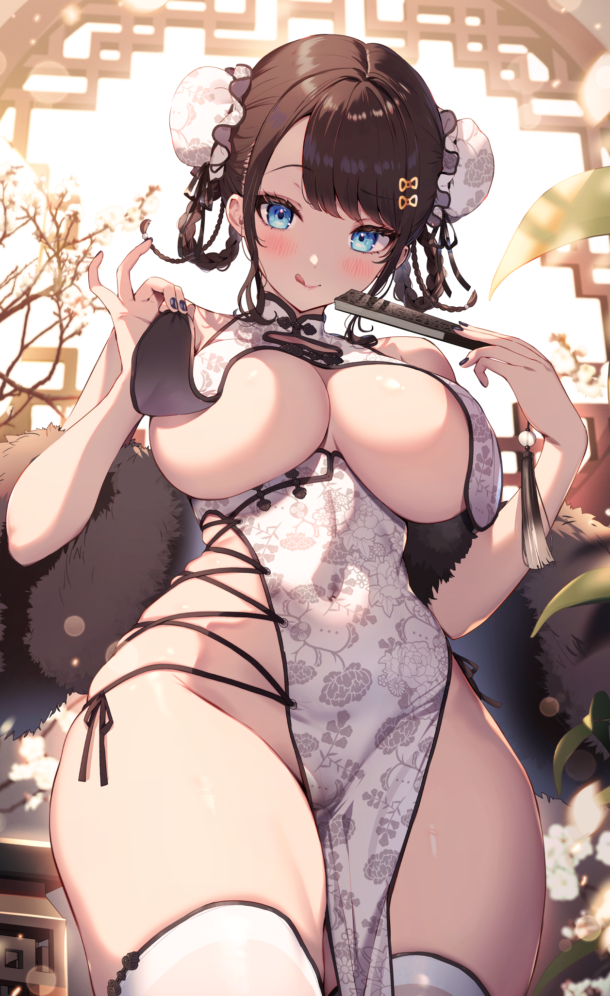 Anime 1257x2052 Cut (artist) chinese dress portrait display anime girls looking at viewer hairbun blue eyes lifting clothes white dress huge breasts brunette feather boa tongue out blushing bare shoulders dress hair ornament nopan chinese clothing floral licking lips wide hips no bra white stockings thick thigh black nails hair clip cheongsam smiling fans braids