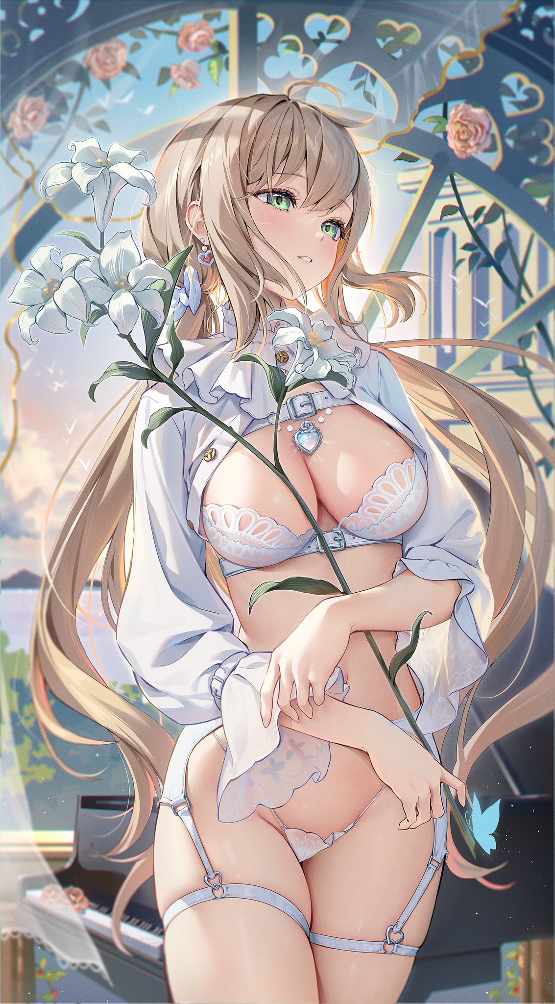 Anime 1133x2048 original characters blonde green eyes pink roses Houkiboshi anime girls portrait display long hair looking away blushing cleavage big boobs flowers standing garter straps butterfly insect musical instrument piano earring rose white clothing panties thigh strap open clothes parted lips ahoge Momoko (Houkiboshi) sky depth of field white tops nopan frontal view indoors women indoors