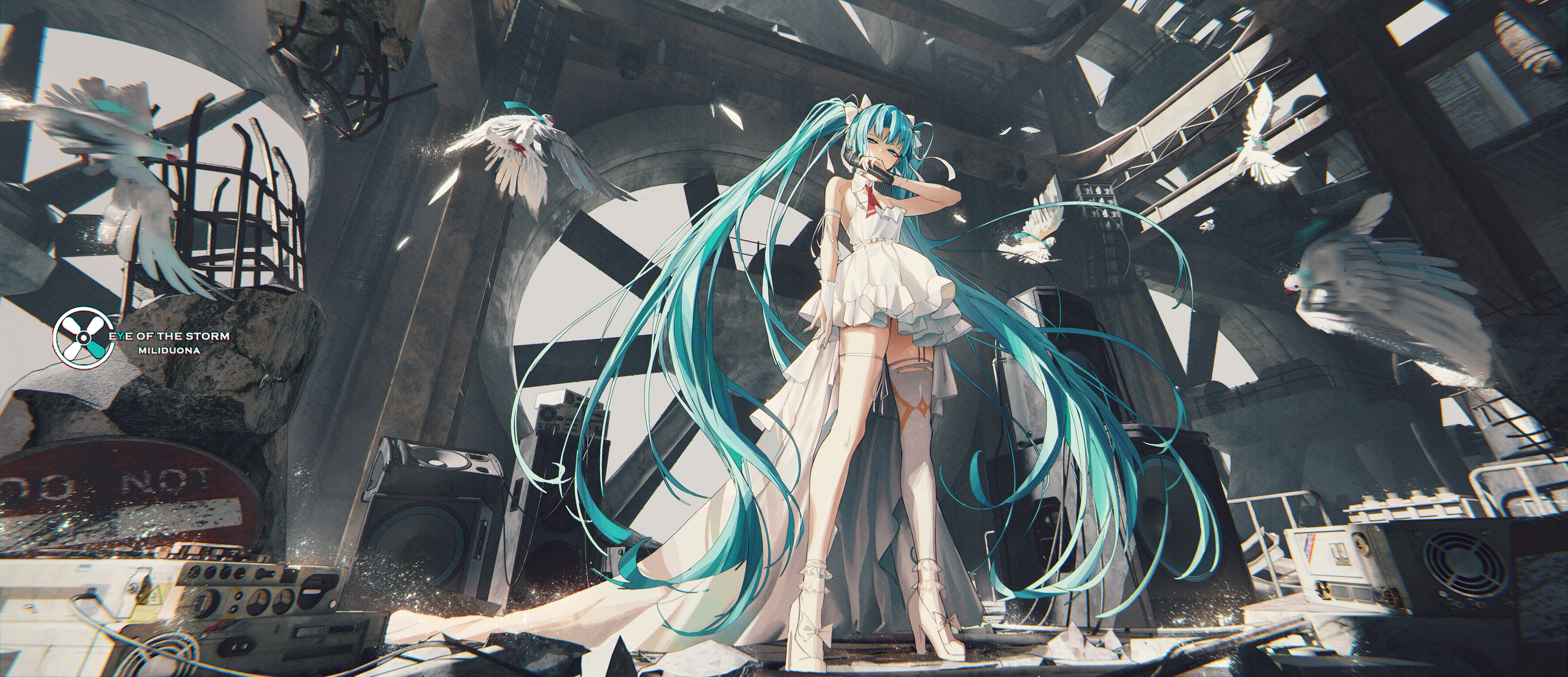 Anime 5000x2160 anime anime girls Hatsune Miku Vocaloid twintails long hair blue hair blue eyes microphone standing heels looking at viewer drink missing stocking animals birds sign