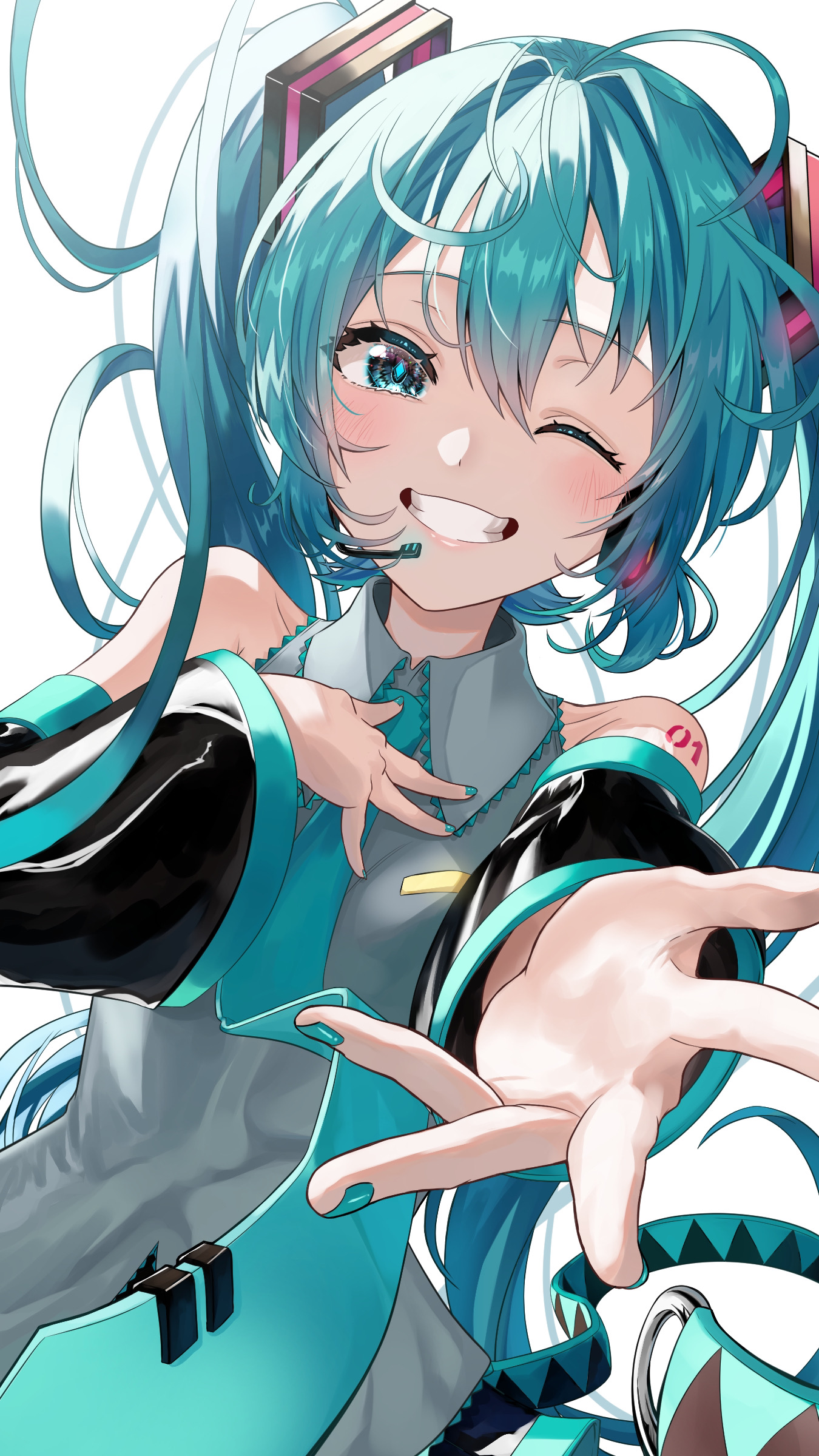 Anime 1350x2400 anime girls portrait display Hatsune Miku Vocaloid twintails long hair blue hair blue eyes arms reaching blushing looking at viewer smiling bare shoulders tie