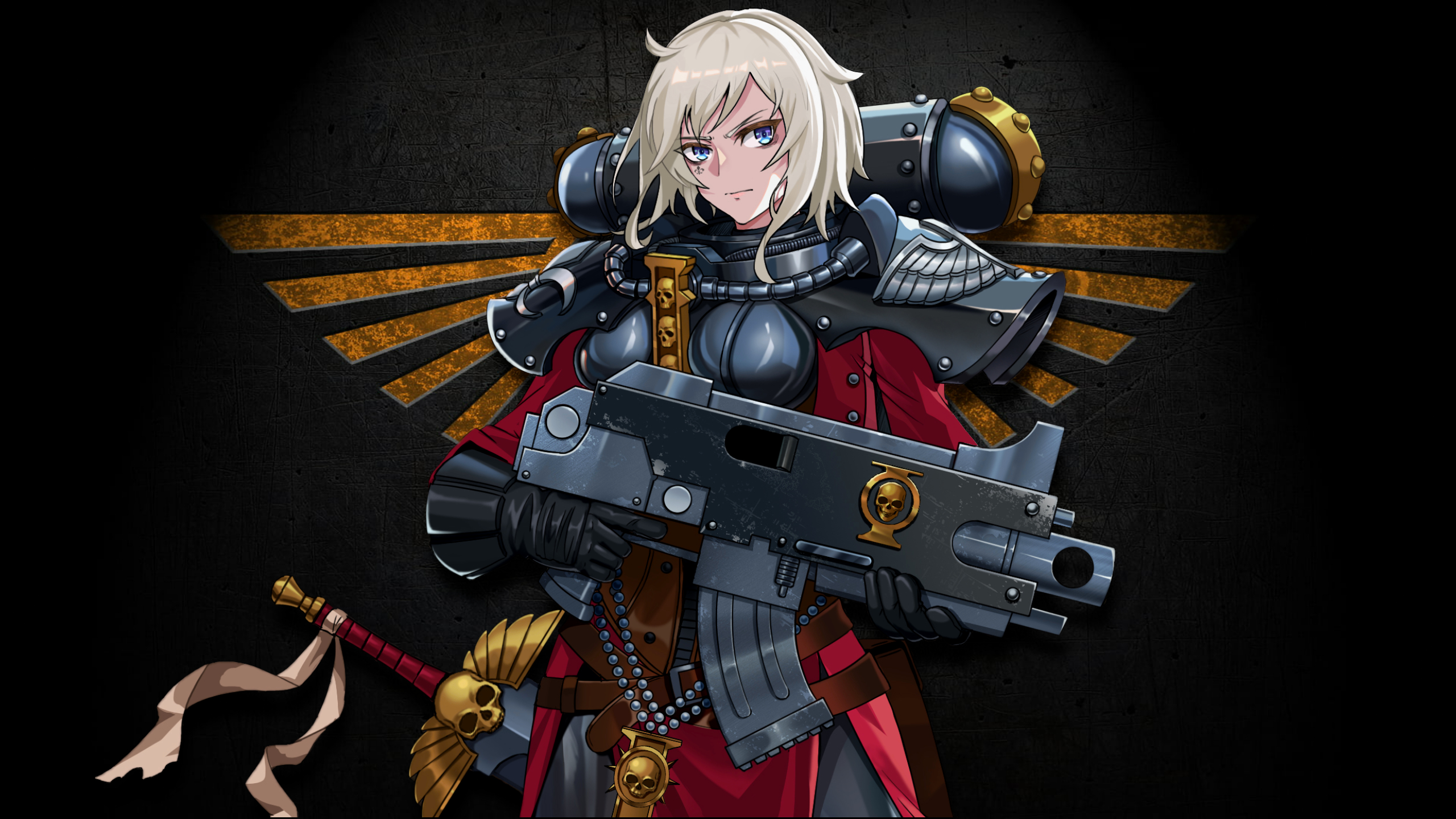 Anime 2560x1440 Warhammer 40,000 Warhammer science fiction technology gun bolter sister of battle Sisters of Battle white hair blue eyes wings red silver gold skull simple background armor minimalism sword weapon