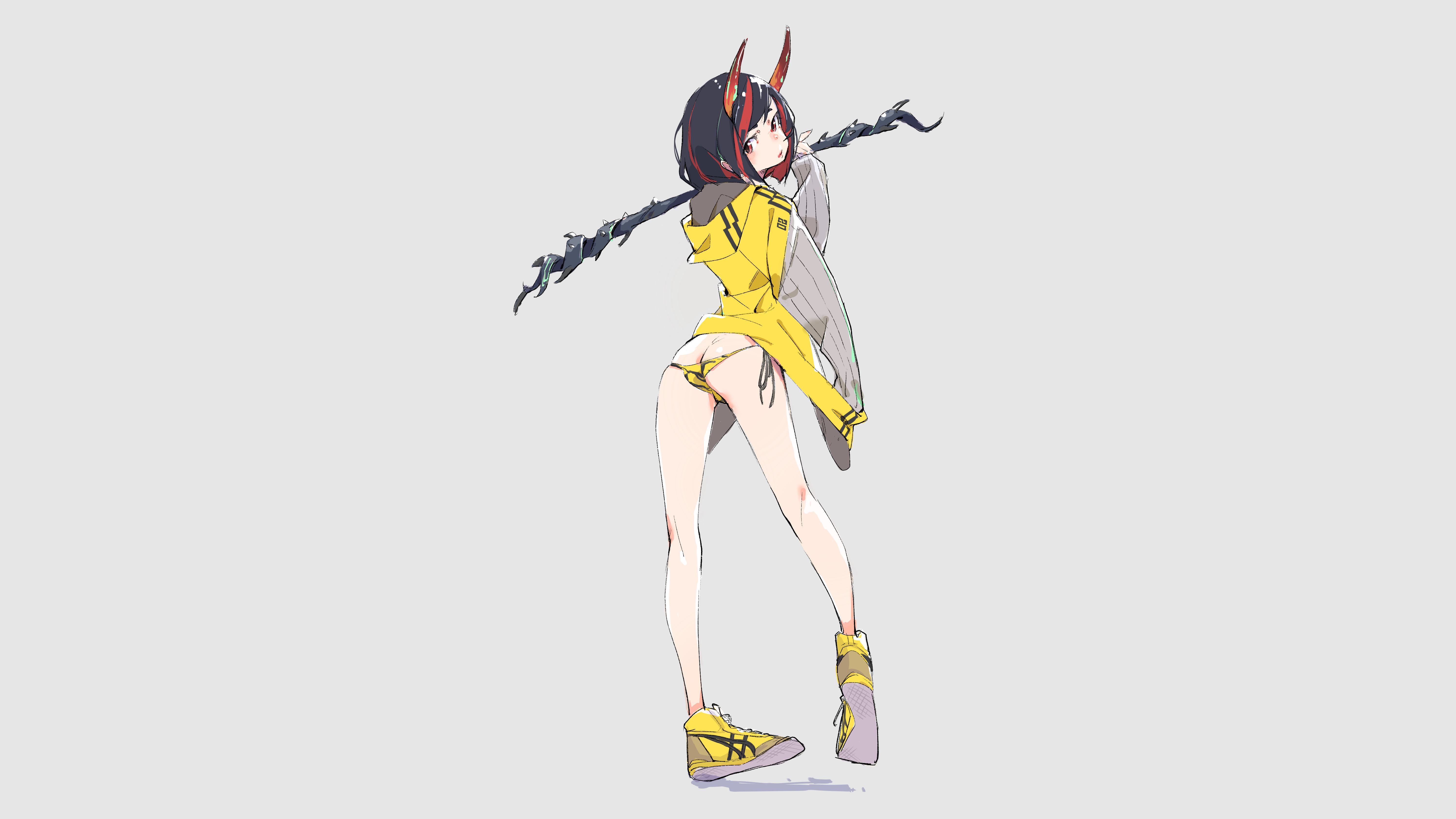Anime 5973x3360 anime girls anime simple background Popman3580 ass two tone hair short hair looking back horns butt crack standing jacket original characters artwork drawing