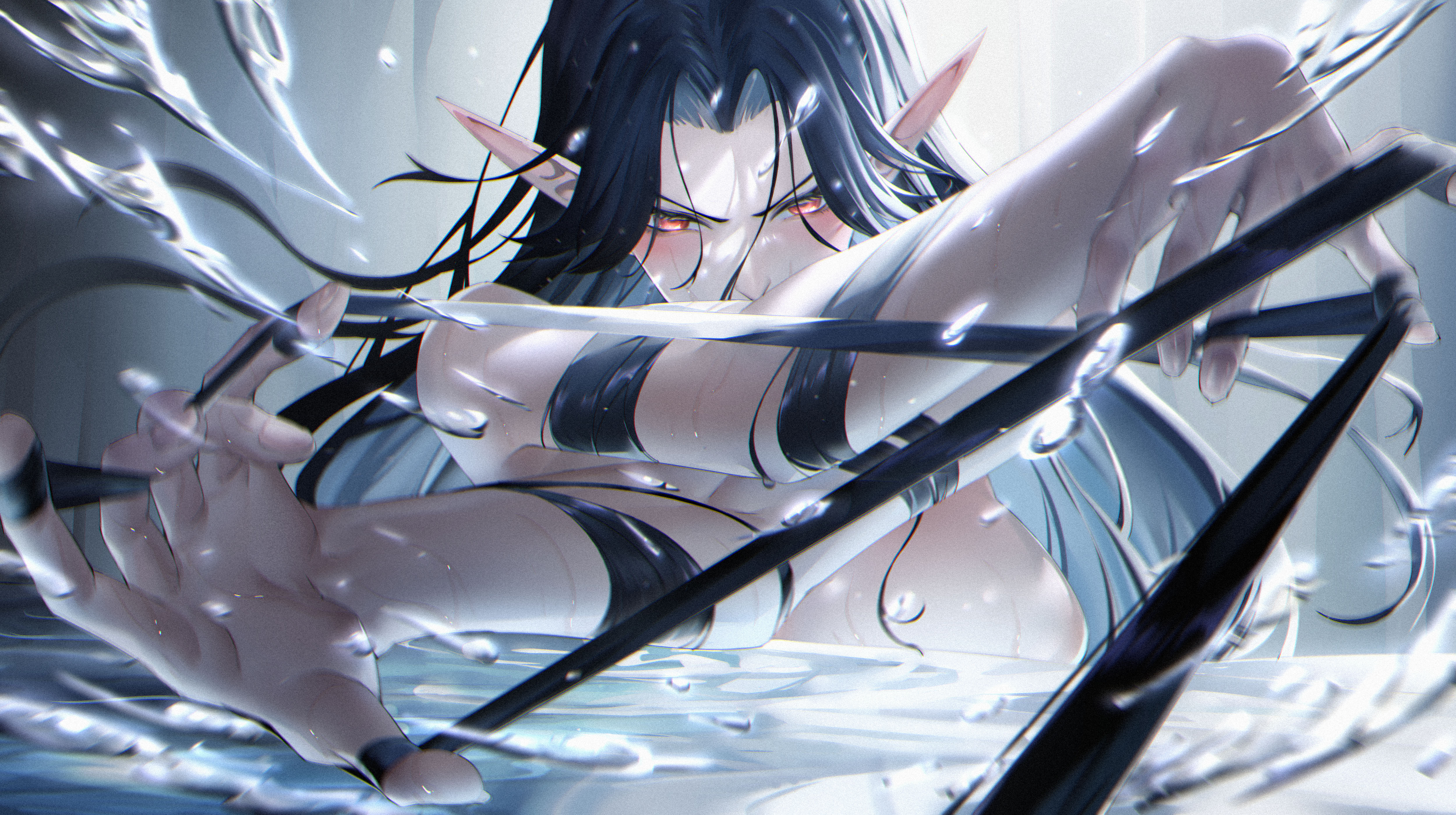 Anime 5000x2800 Pixiv anime water pointy ears ribbon looking at viewer blushing anime girls long hair water drops wet body wet