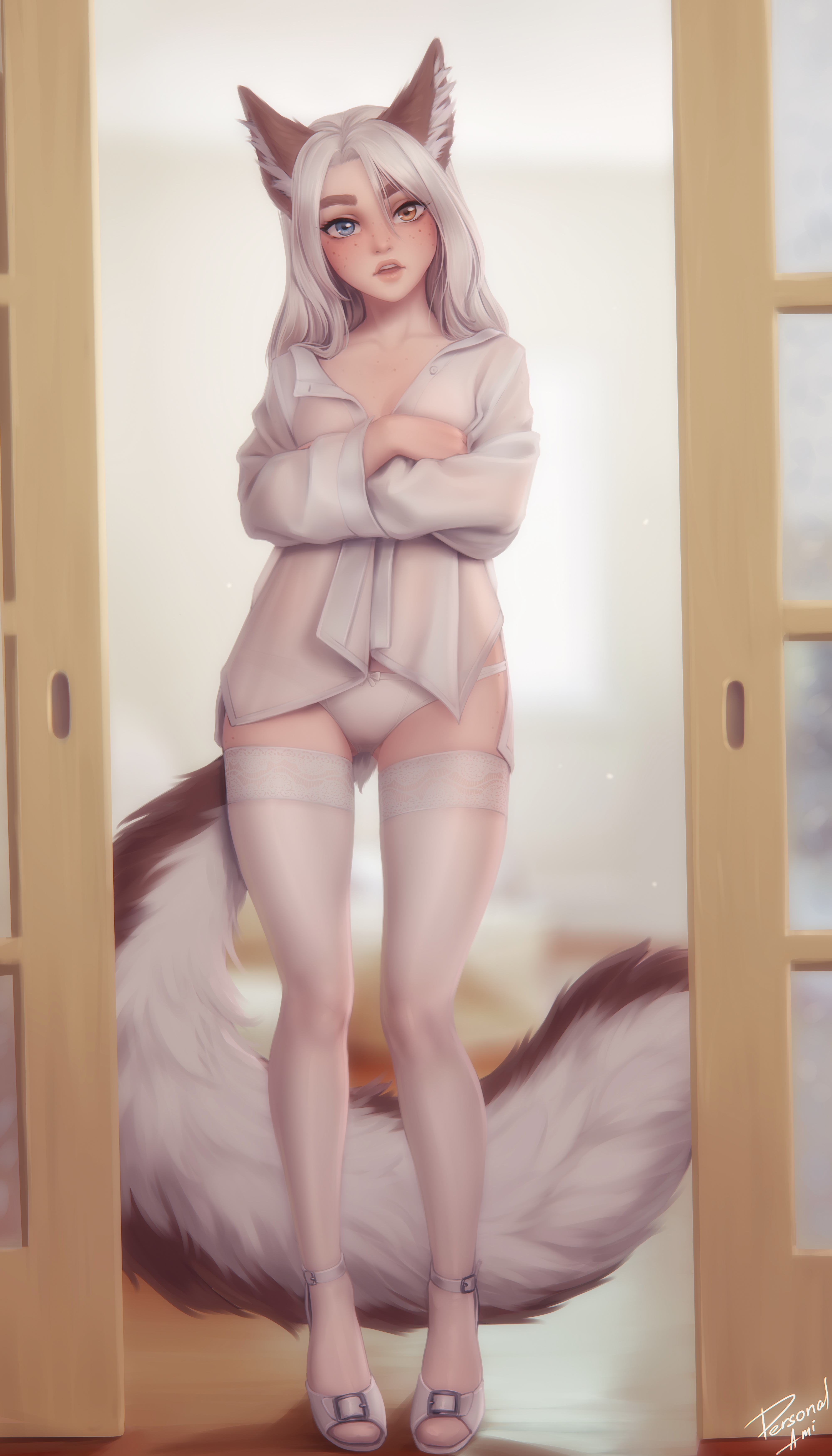 Anime 4000x7000 Losse (OC) anime anime girls fantasy girl animal ears tail heterochromia artwork original characters Personal ami underwear panties stockings drawing portrait display signature arms crossed looking at viewer wolf girls wolf ears wolf tail small boobs blushing freckles floor standing long hair