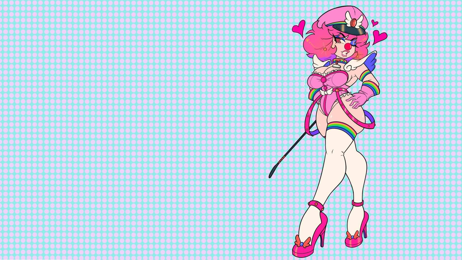Anime 1920x1080 video game girls video game crossover Capcom ace attorney Poison (Street Fighter) whips heels shoes high heels pink heels pink shoes clown final fight wink makeup pink hair shoulder length hair shoulder pads colorful gloves pink gloves pink eyes red nose white thigh highs leotard pink leotard choker heart (design) hat looking at viewer memes boobs tight clothing video games thigh-highs hands on hips walking Street Fighter minimalism bright