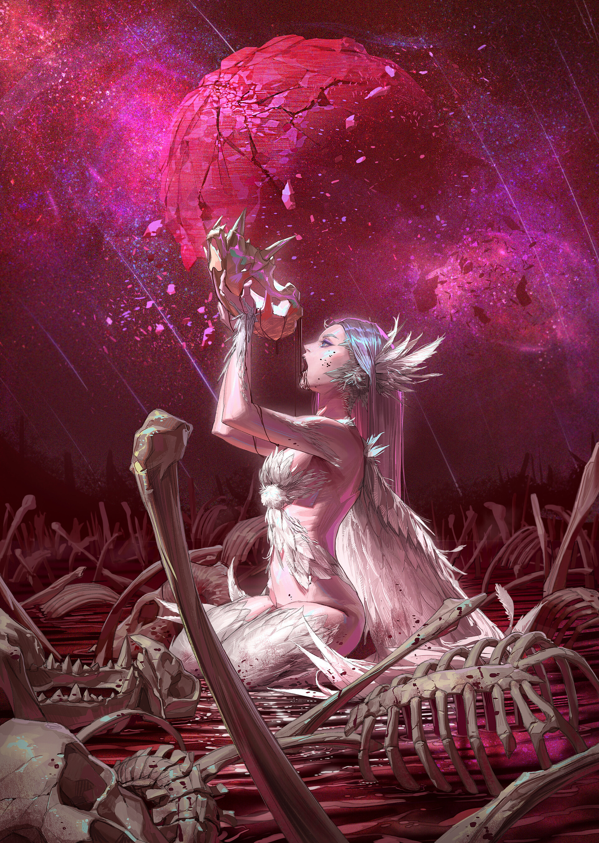 General 1920x2703 Sungmoo Heo drawing women silver hair long hair straight hair hair accessories drinking blood skull wings skimpy clothes fossils planet shattered red fantasy art portrait display sitting bones open mouth petals digital art