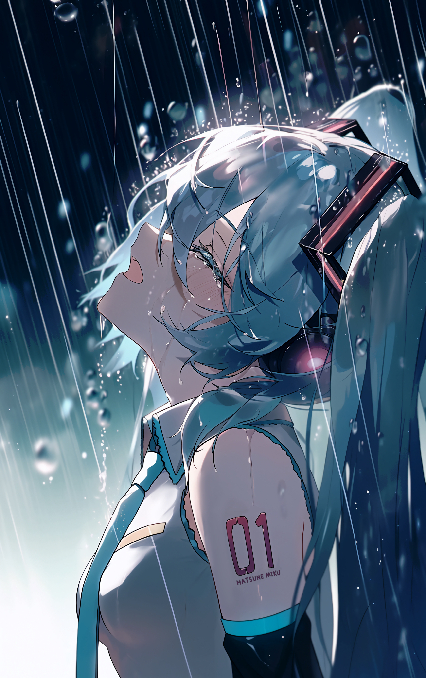 Anime 1728x2752 anime anime girls Hatsune Miku Vocaloid twintails long hair blue hair closed eyes rain water wet open mouth water drops bare shoulders tie