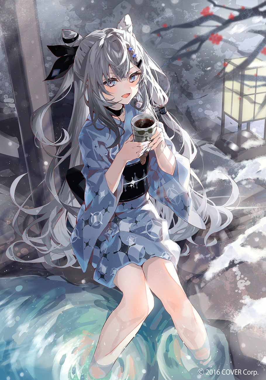 Anime 910x1300 Hololive Vestia Zeta Virtual Youtuber cup anime girls watermarked portrait display long hair looking at viewer kimono water snow drink open mouth blushing silver hair blue eyes