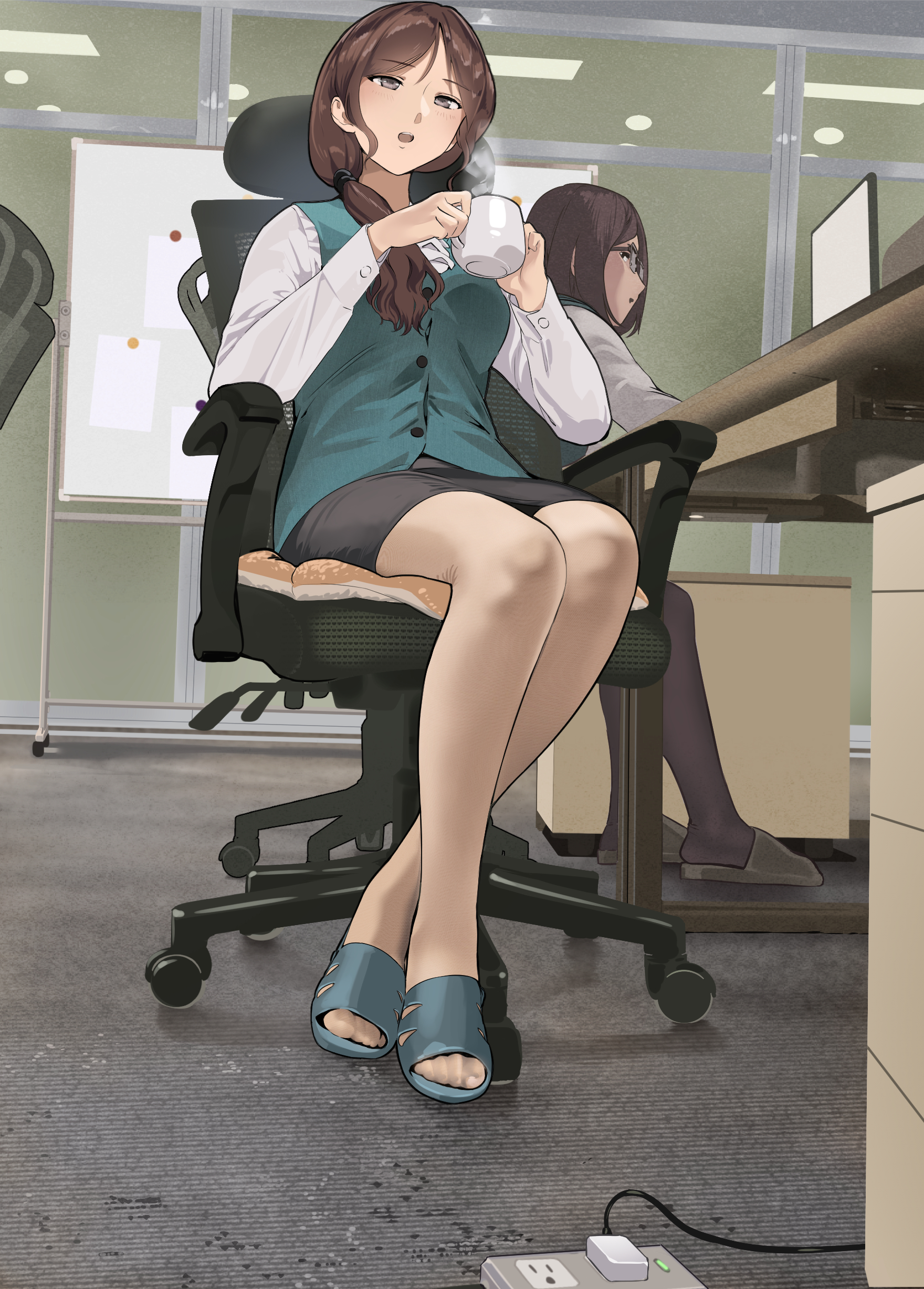 Anime 1760x2455 office girl office brunette green clothing black skirts coffee cup looking back chair