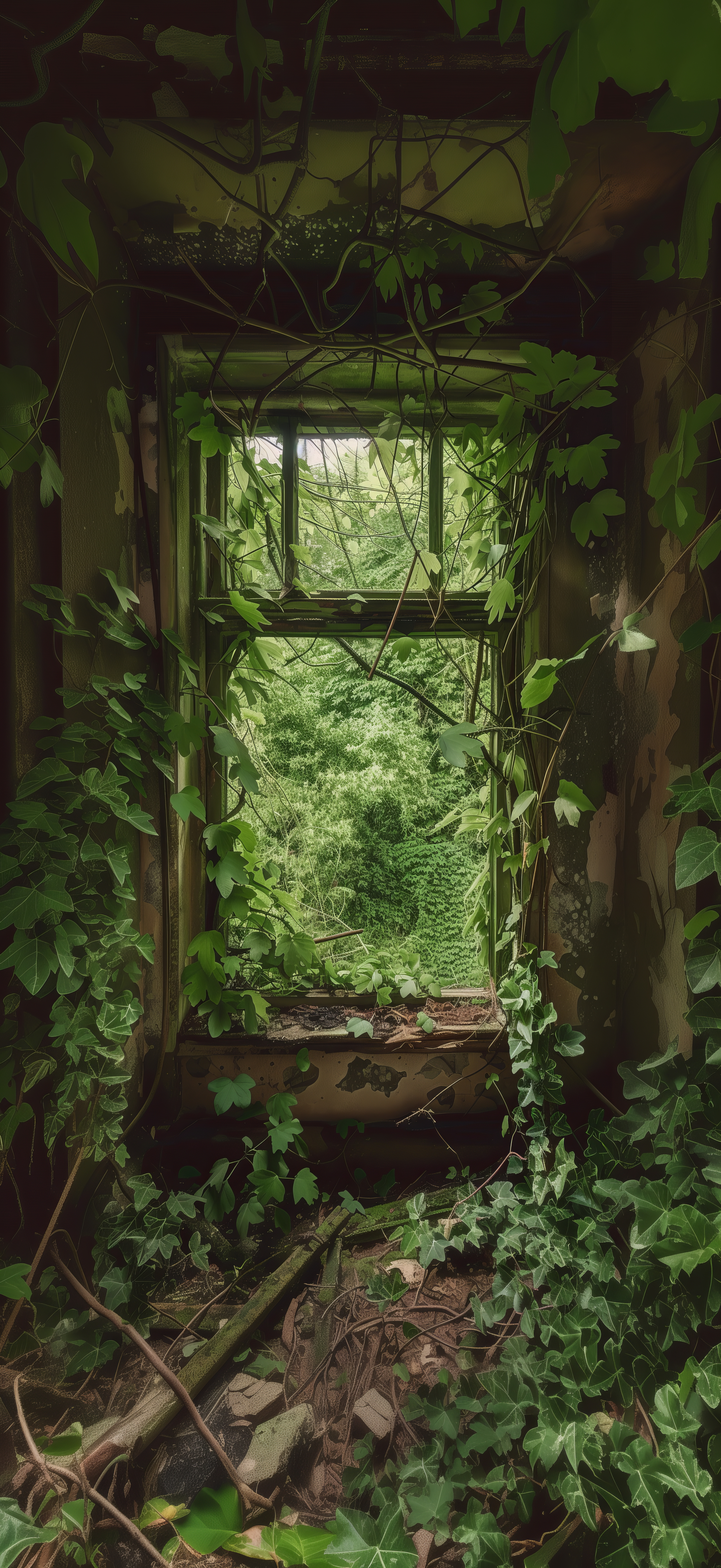 General 2944x6400 AI art portrait display plants nature window abandoned overgrown leaves green