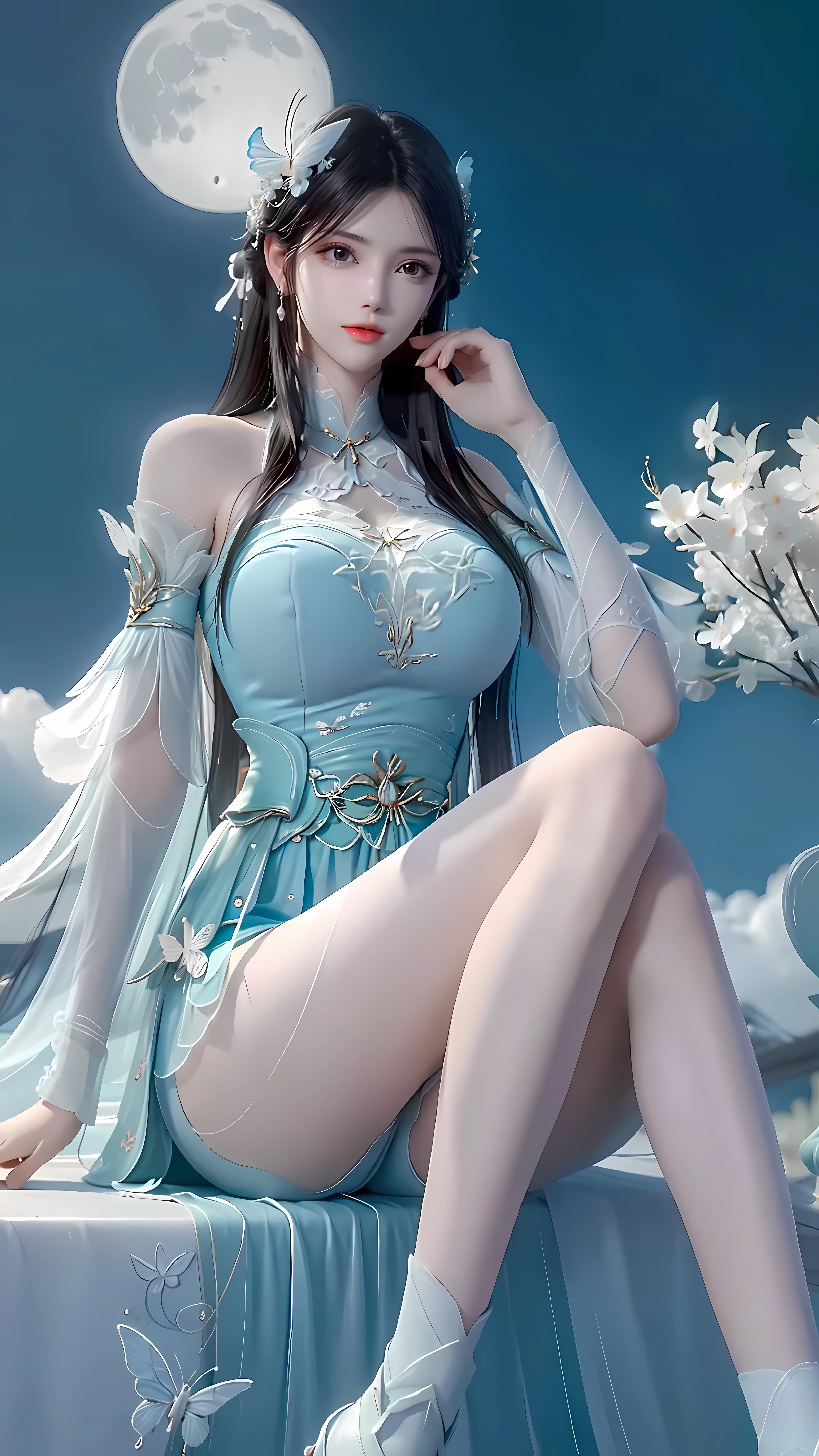 General 5120x9100 AI art women portrait display sitting looking at viewer Asian full moon bent legs long hair bare shoulders black hair dark eyes closed mouth blue dress chinese clothing dress sky clear sky Moon