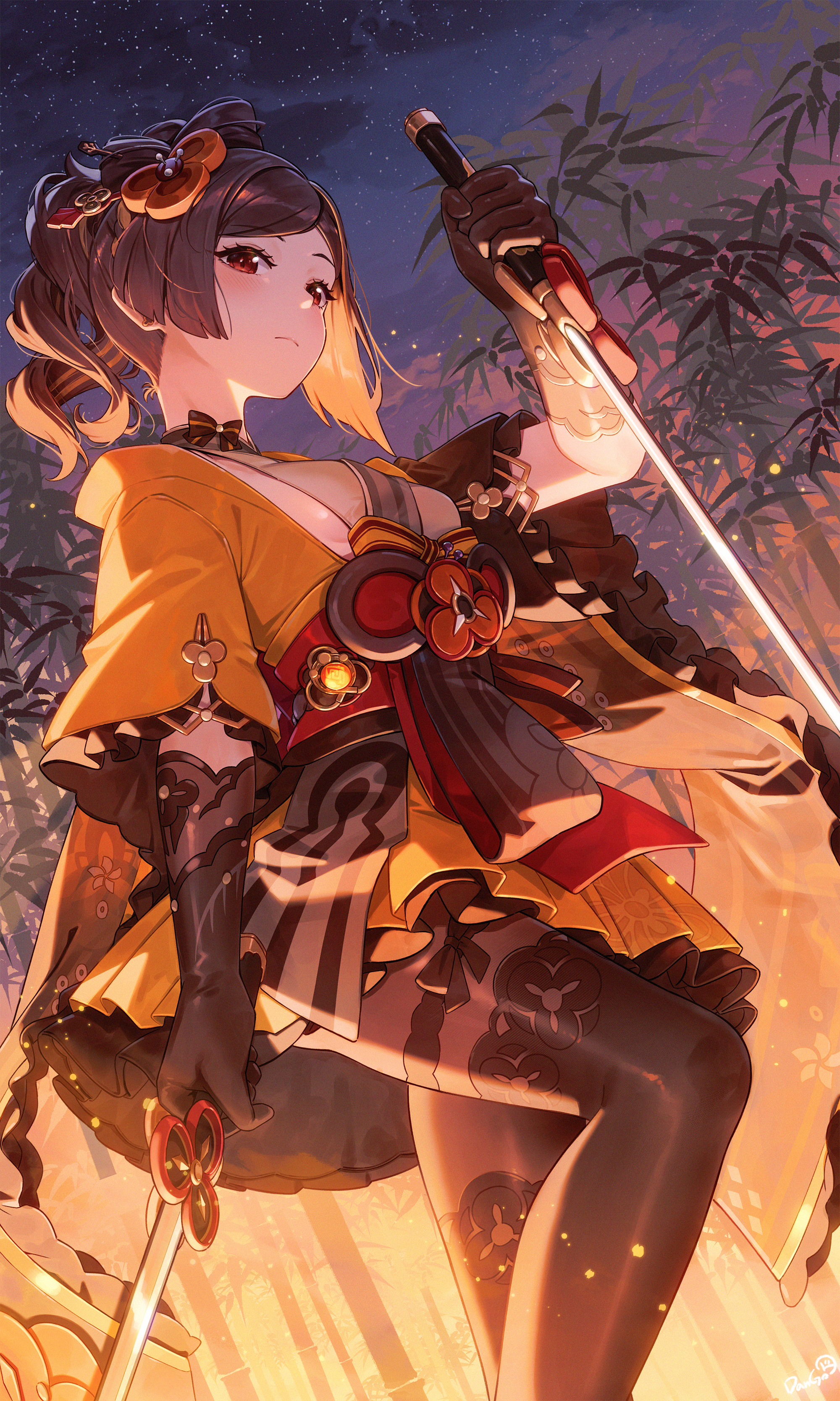 Anime 2000x3334 Genshin Impact weapon portrait display low-angle Chiori (Genshin Impact) looking at viewer gloves kimono black pantyhose red eyes hair ornament starry night starred sky women outdoors trees Dango Remi long hair closed mouth evening night stars sash anime girls dual wield