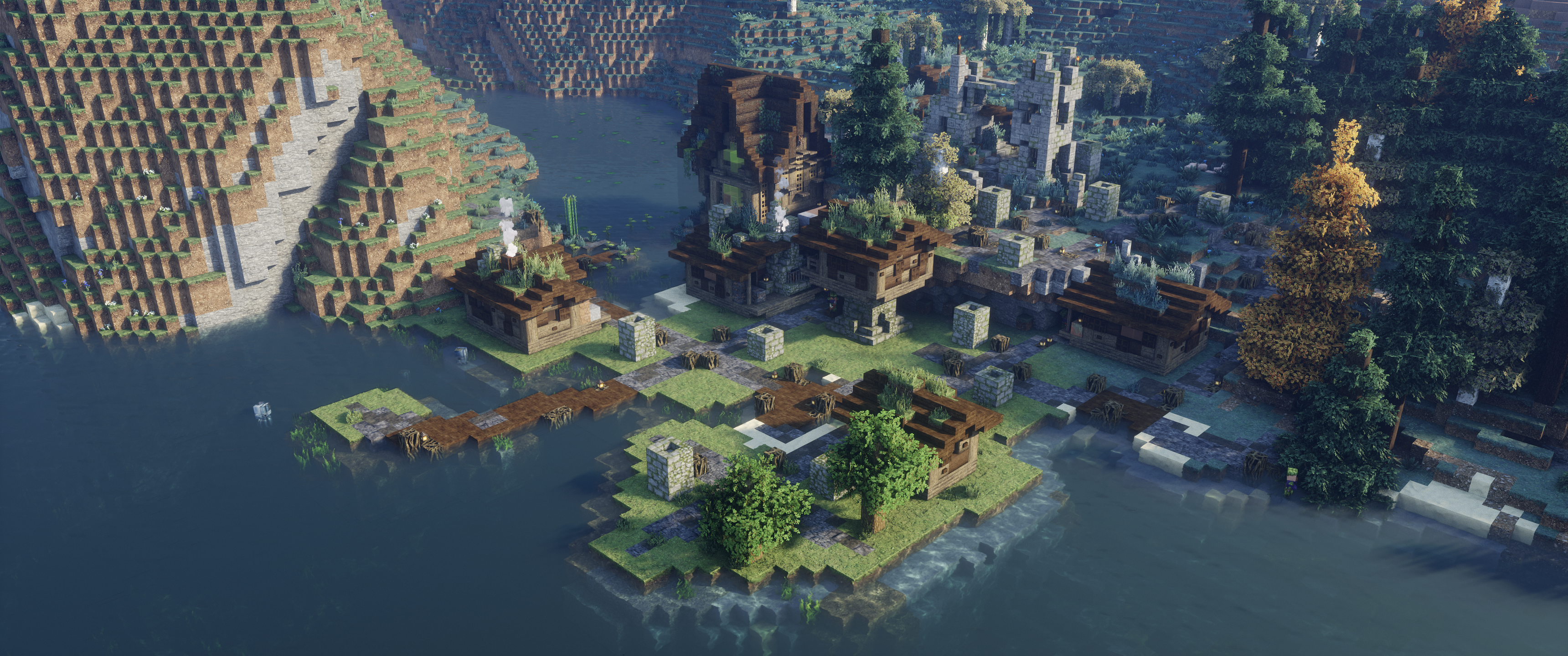 General 3440x1440 Minecraft shaders village river video games video game landscape Mojang