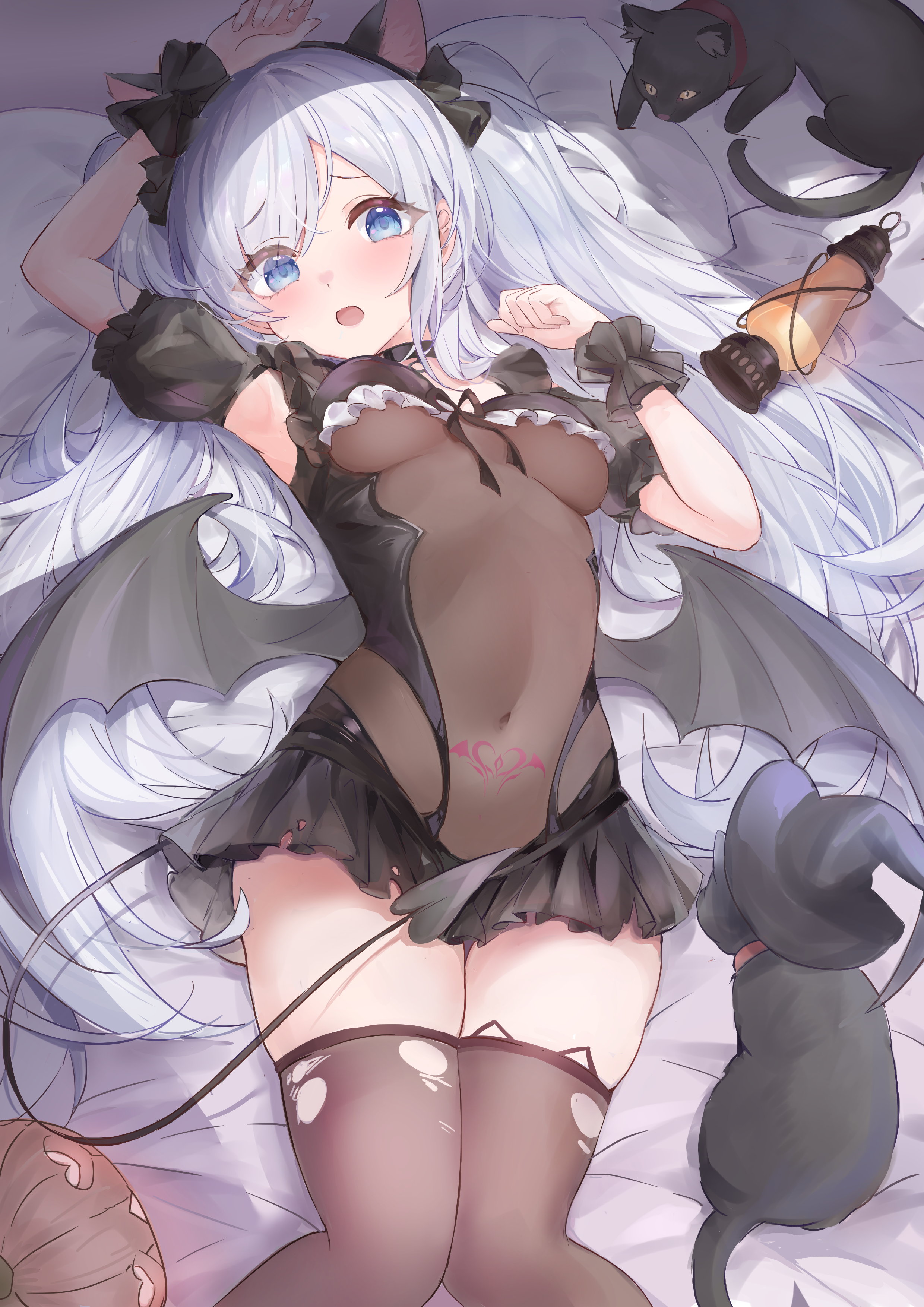 Anime 2480x3508 anime anime girls belly belly button see-through clothing miniskirt white hair blue eyes lying down cats tail wings bat wings animal ears cleavage thigh high socks looking at viewer thighs Janus (Azur Lane) animals Azur Lane open mouth portrait display long hair armpits womb tattoo