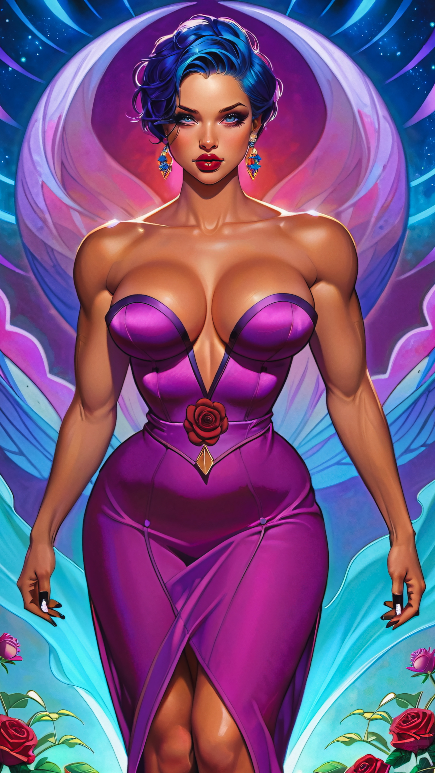 General 1440x2560 AI art digital art dar0z artwork strong woman purple dress blue hair red lipstick standing looking at viewer rose bare shoulders cleavage cleavage cutout portrait display dress parted lips juicy lips big boobs collarbone