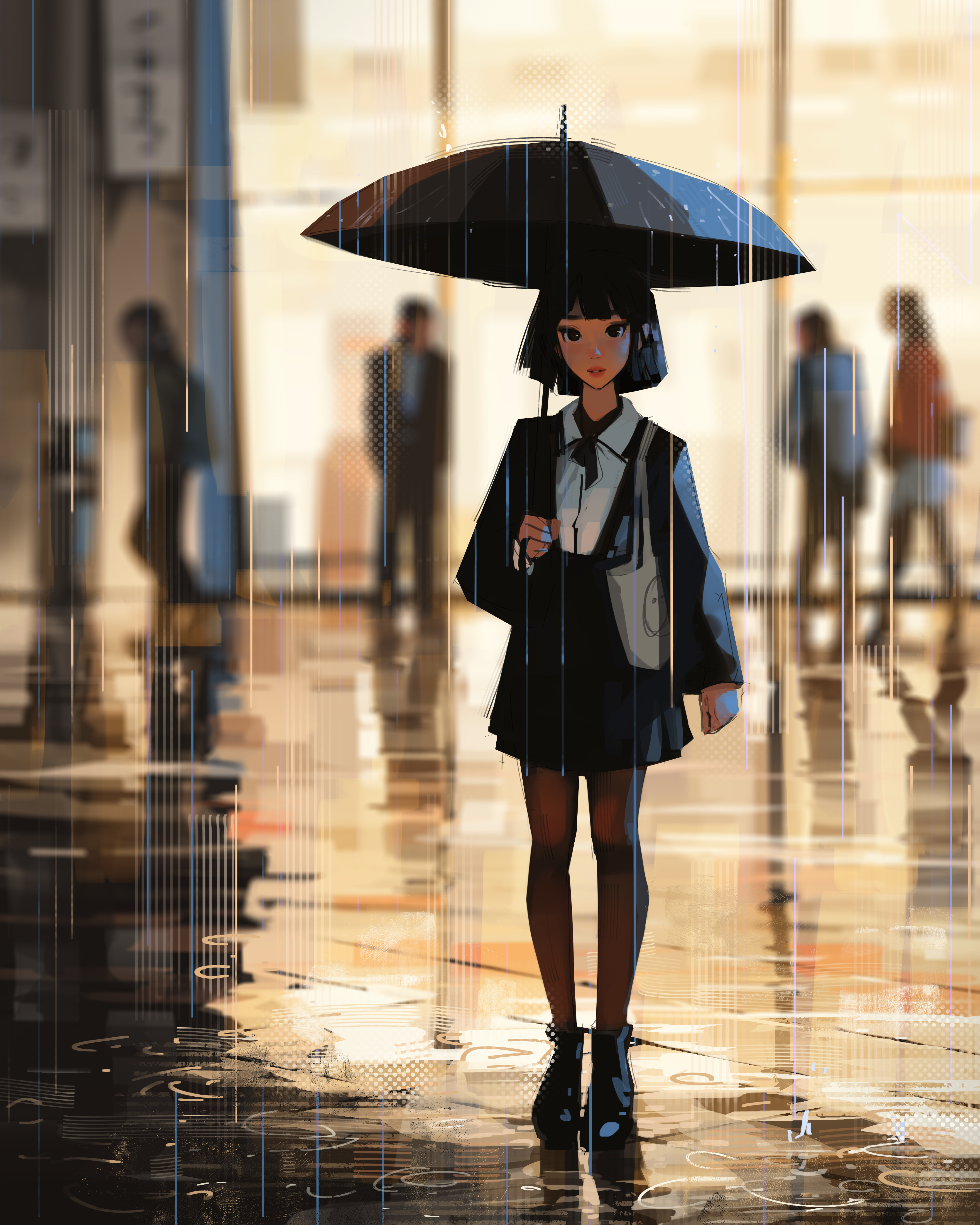 General 4320x5400 Sam Yang digital art artwork illustration women portrait rain looking at viewer umbrella street short hair dark hair skirt reflection blurry background painting anime