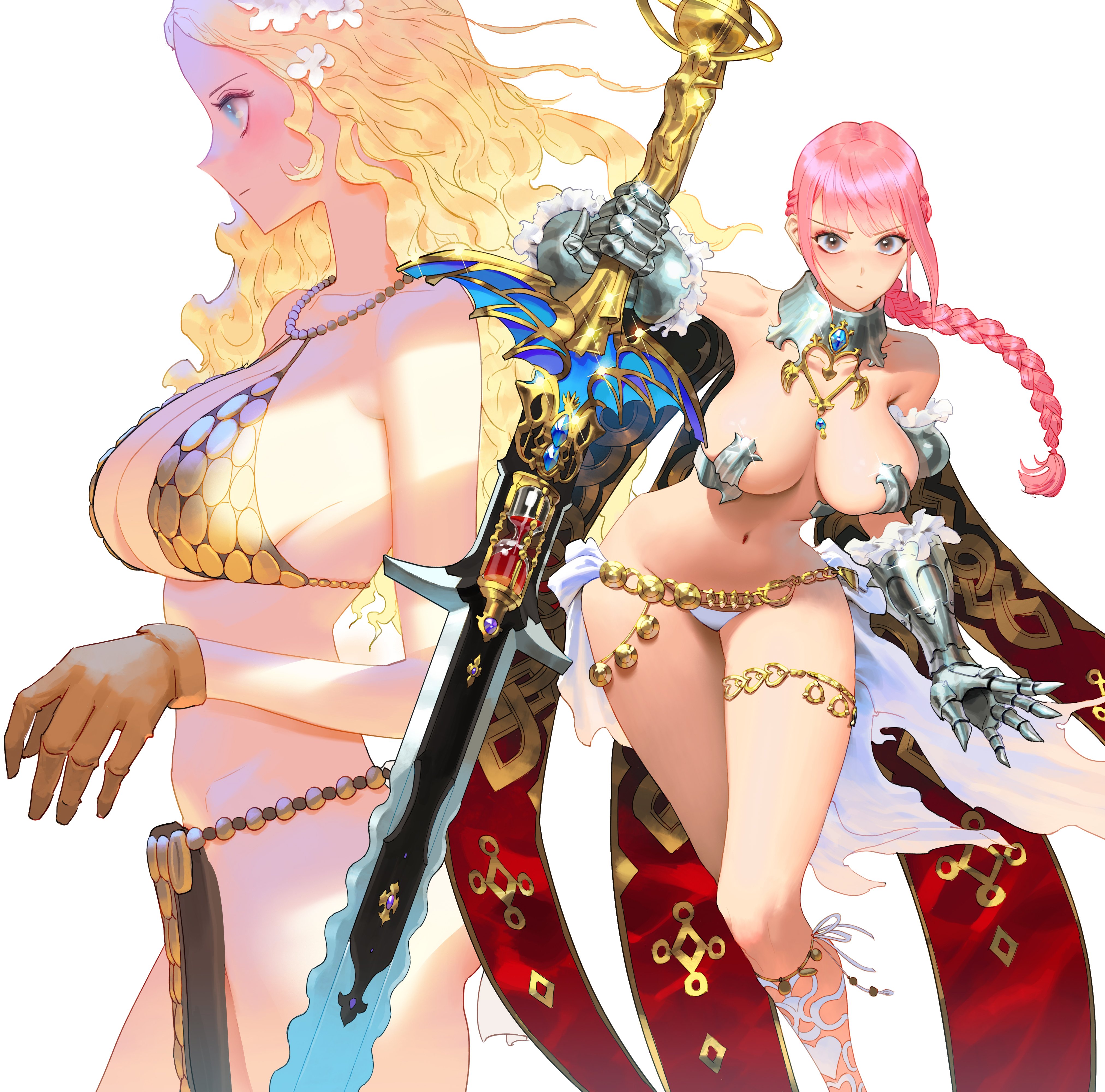 Anime 4048x4000 One Piece big boobs Code of Princess long hair Solange Blanchefleur de Luxe Rebecca (One piece) beads looking at viewer profile hair ornament pink hair blonde white background sword simple background two women bikini armor girl in armor brown gloves closed mouth cleavage weapon flower in hair braids Wonbin Lee crossover cosplay bare shoulders cape