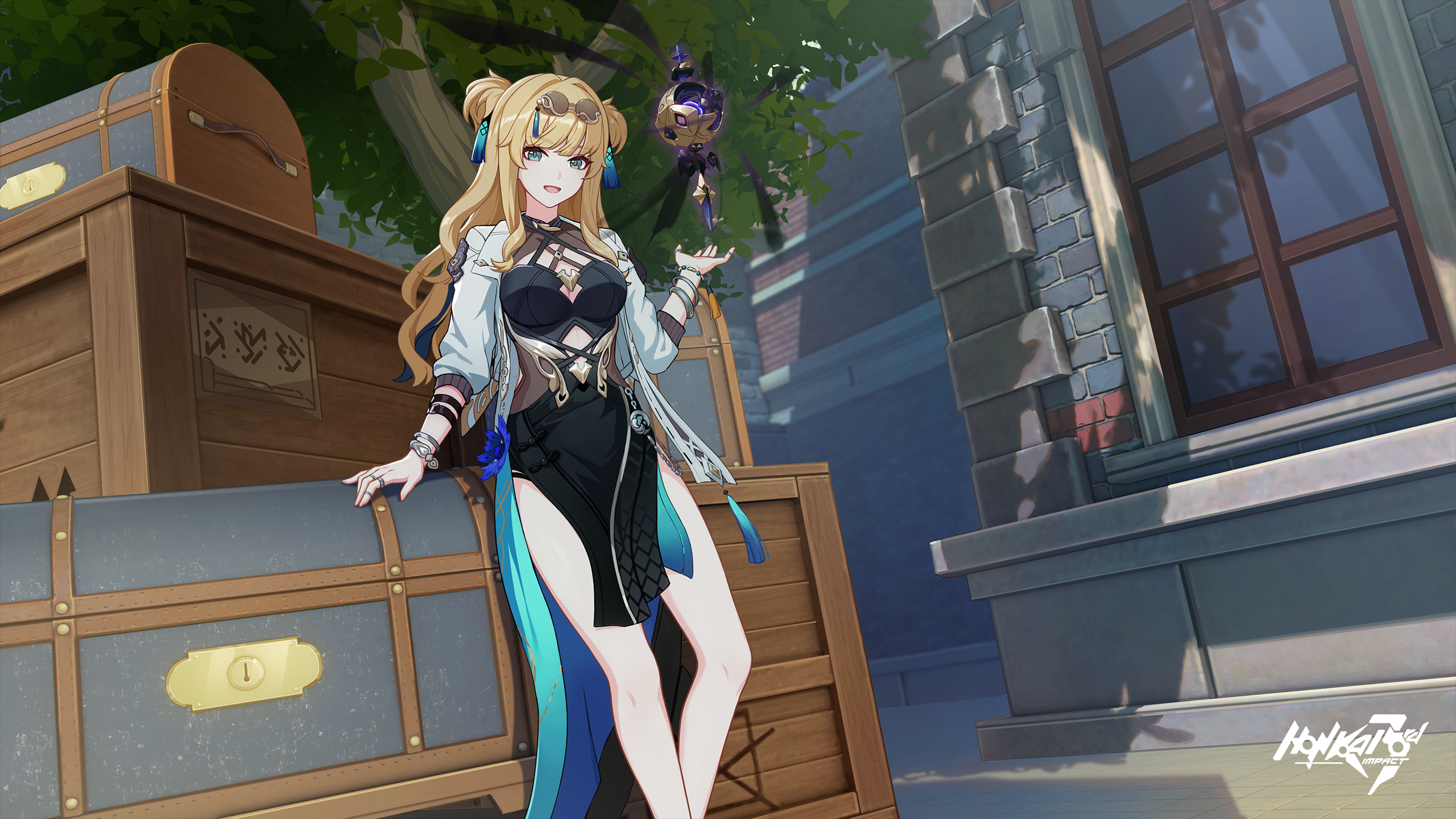 Anime 2560x1440 Honkai Impact Honkai Impact 3rd Songque (Honkai Impact 3rd) video game characters legs video game girls standing video game art long hair looking at viewer blonde tassels video games sunlight trees window treasure chest open mouth anime games