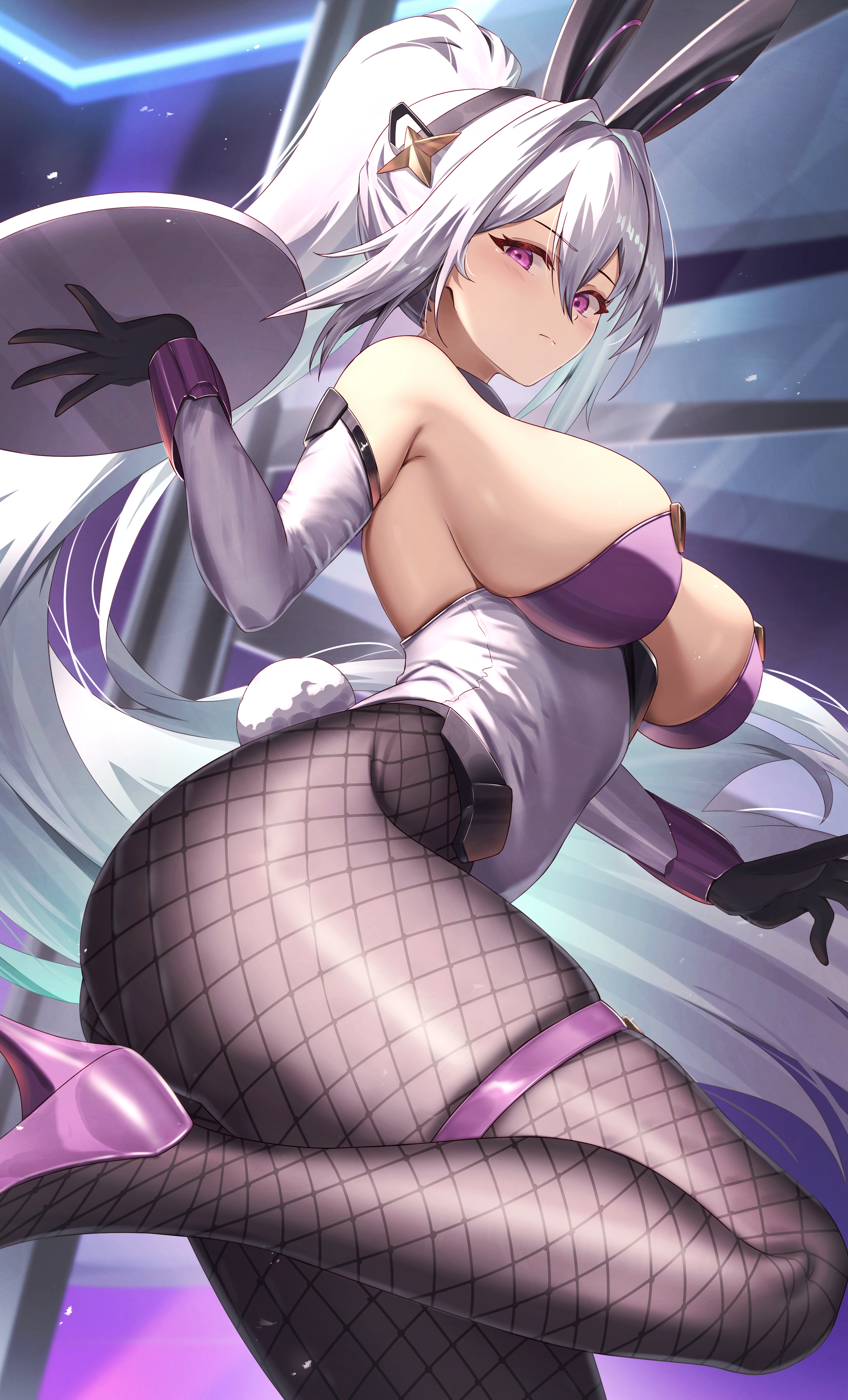 Anime 2779x4586 anime anime girls Kearsarge (Azur Lane) Azur Lane pantyhose fishnet fishnet pantyhose animal ears bunny ears tail bunny tail ponytail looking at viewer heels purple heels gloves black gloves white hair purple eyes portrait display tray Eiryu33 hair between eyes thigh strap skindentation thighs closed mouth huge breasts bunny suit