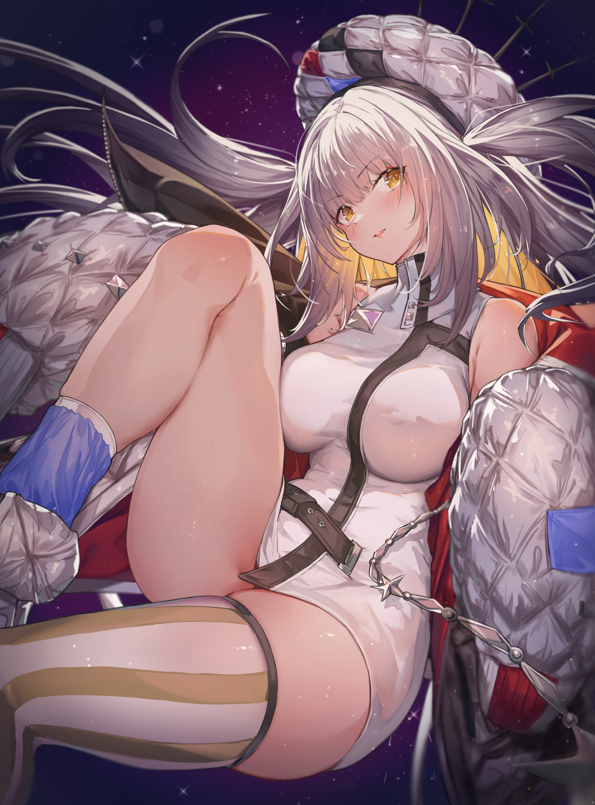 Anime 2004x2713 Fate series white dress portrait display minidress Marie Antoinette (Fate/Grand Order) looking at viewer stockings striped stockings thighs missing stocking long hair big boobs yellow eyes Ura illust open jacket hat jacket dress