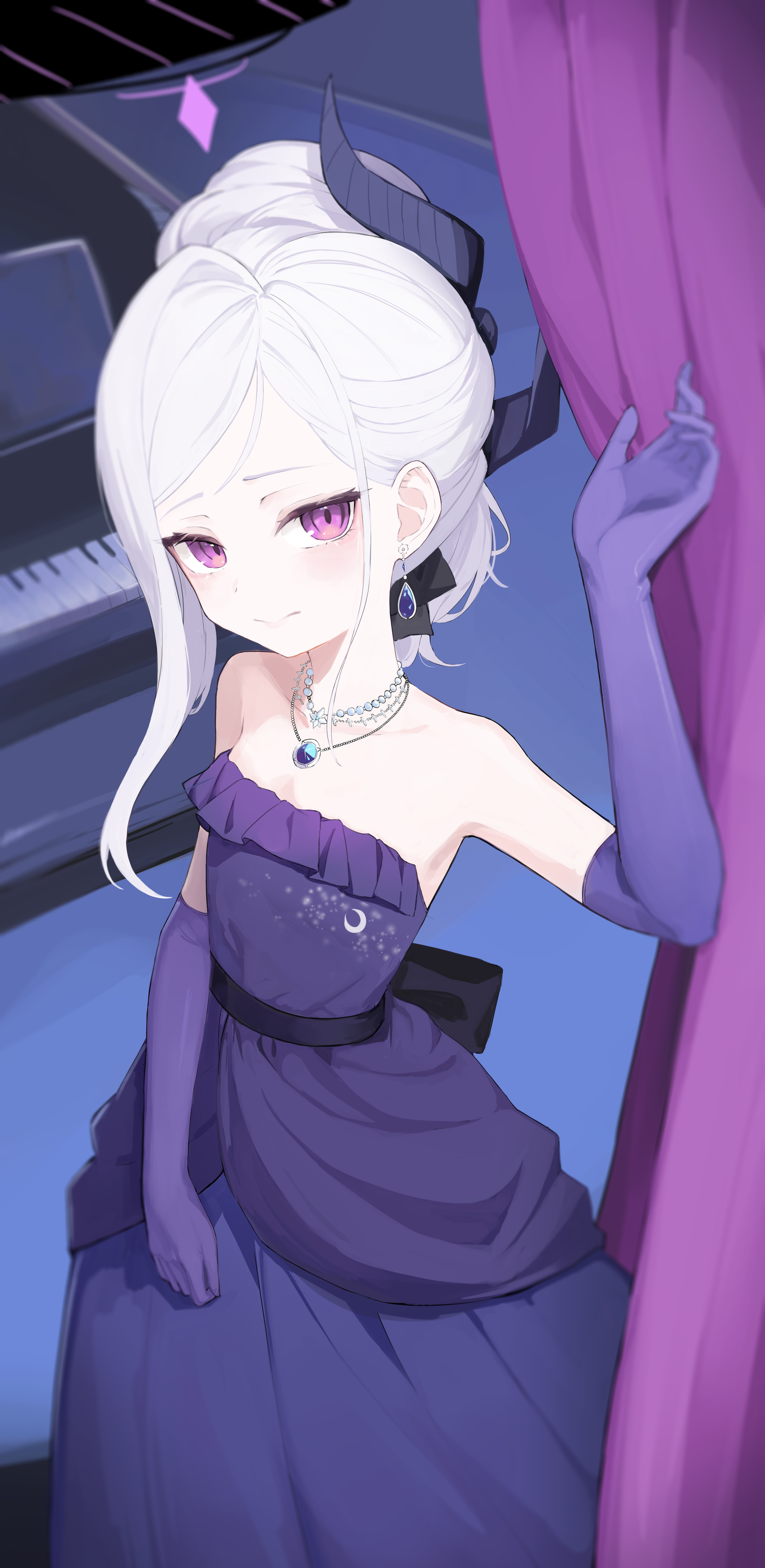 Anime 3318x6796 Sorasaki Hina (Blue Archive) Blue Archive dress purple eyes portrait display long hair white hair demon horns fan art standing looking at viewer bare shoulders gloves purple gloves elbow gloves closed mouth gem earrings gemstone necklace skinny musical instrument piano collarbone necklace pearl necklace horns purple dress curtains blushing anime girls
