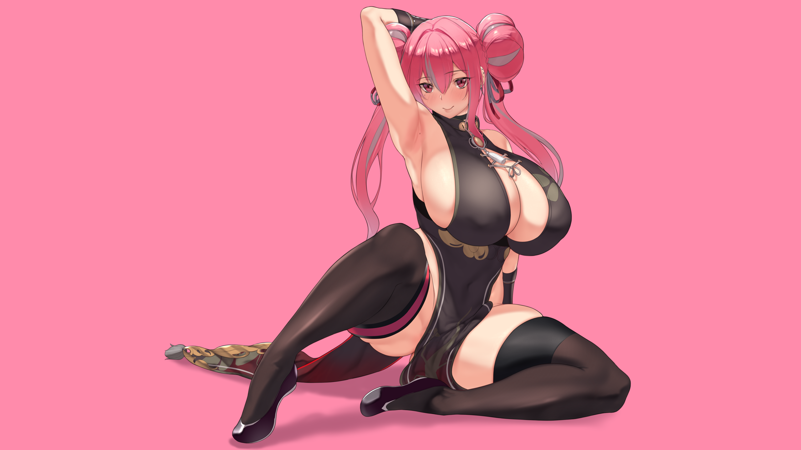 Anime 2560x1440 anime anime girls ecchi video game girls minimalism Azur Lane Bremerton (Azur Lane) big boobs huge breasts sitting pink hair twintails pink background cleavage chinese clothing chinese dress stockings black legwear thighs thigh-highs skindentation armpits Aster Crowley hair between eyes boobs smiling simple background two tone hair one arm up