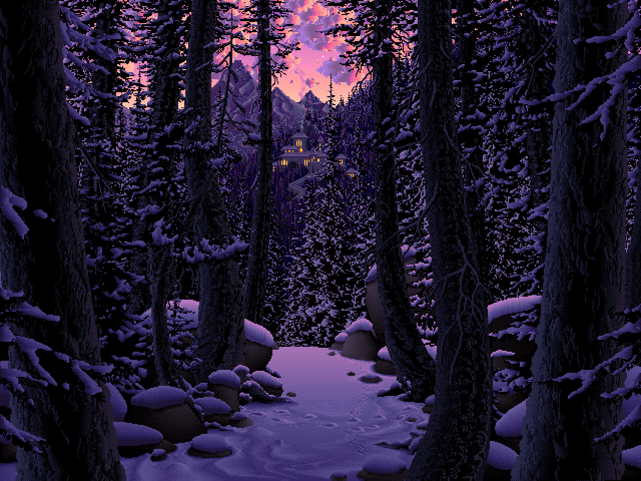 General 1280x960 pixel art nature snowy mountain evening Mark Ferrari digital art trees forest snow stones mountains sky snow covered clouds
