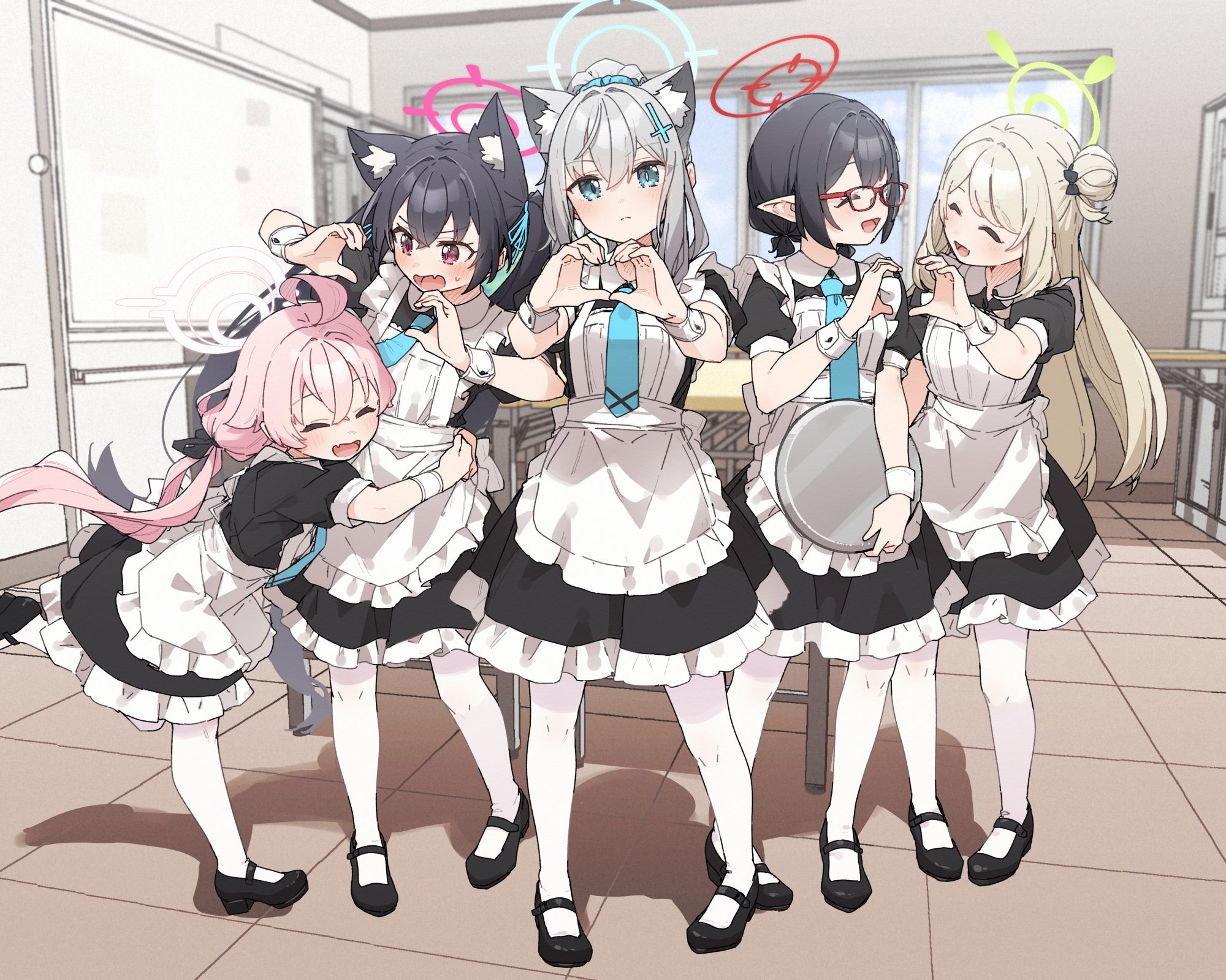 Anime 2000x1600 anime anime girls Blue Archive maid outfit Ayane (Blue Archive) Takanashi Hoshino (Blue Archive) Shiroko (Blue Archive) Kuromi Serika (Blue Archive) Izayoi Nonomi (Blue Archive) heart hands short sleeves wrist cuffs standing hair between eyes blushing maid tray necktie frills looking at viewer open mouth closed mouth glasses women with glasses pointy ears sweatdrop hugging long hair pink hair black hair gray hair blonde blue eyes red eyes closed eyes cat girl cat ears Yukie