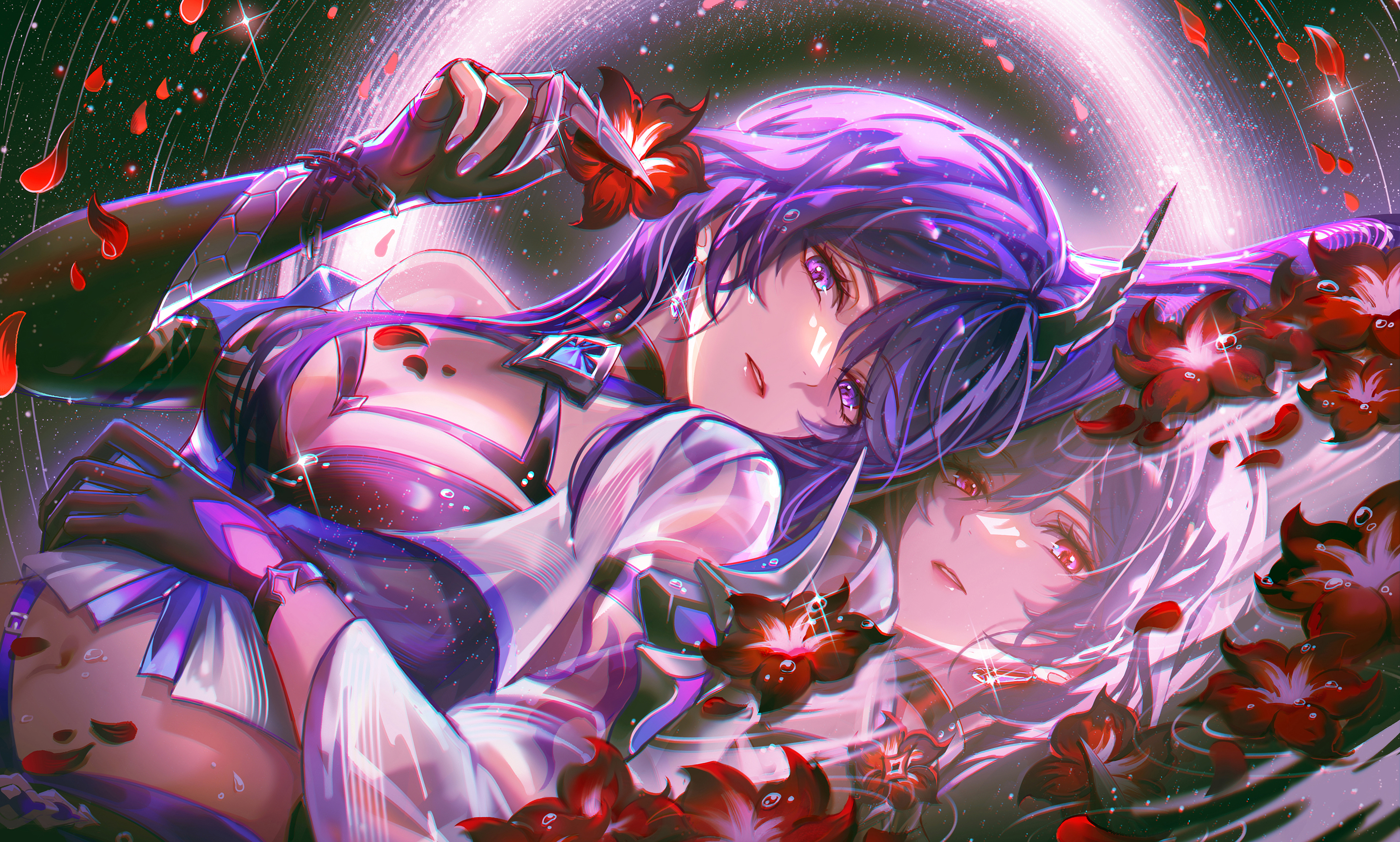 Anime 3000x1804 Honkai: Star Rail artwork Acheron (Honkai: Star Rail) anime anime girls purple hair purple eyes earring choker gloves big boobs cleavage belly belly button petals flowers Jessica Wijaya reflection lying on back one bare shoulder water long hair parted lips