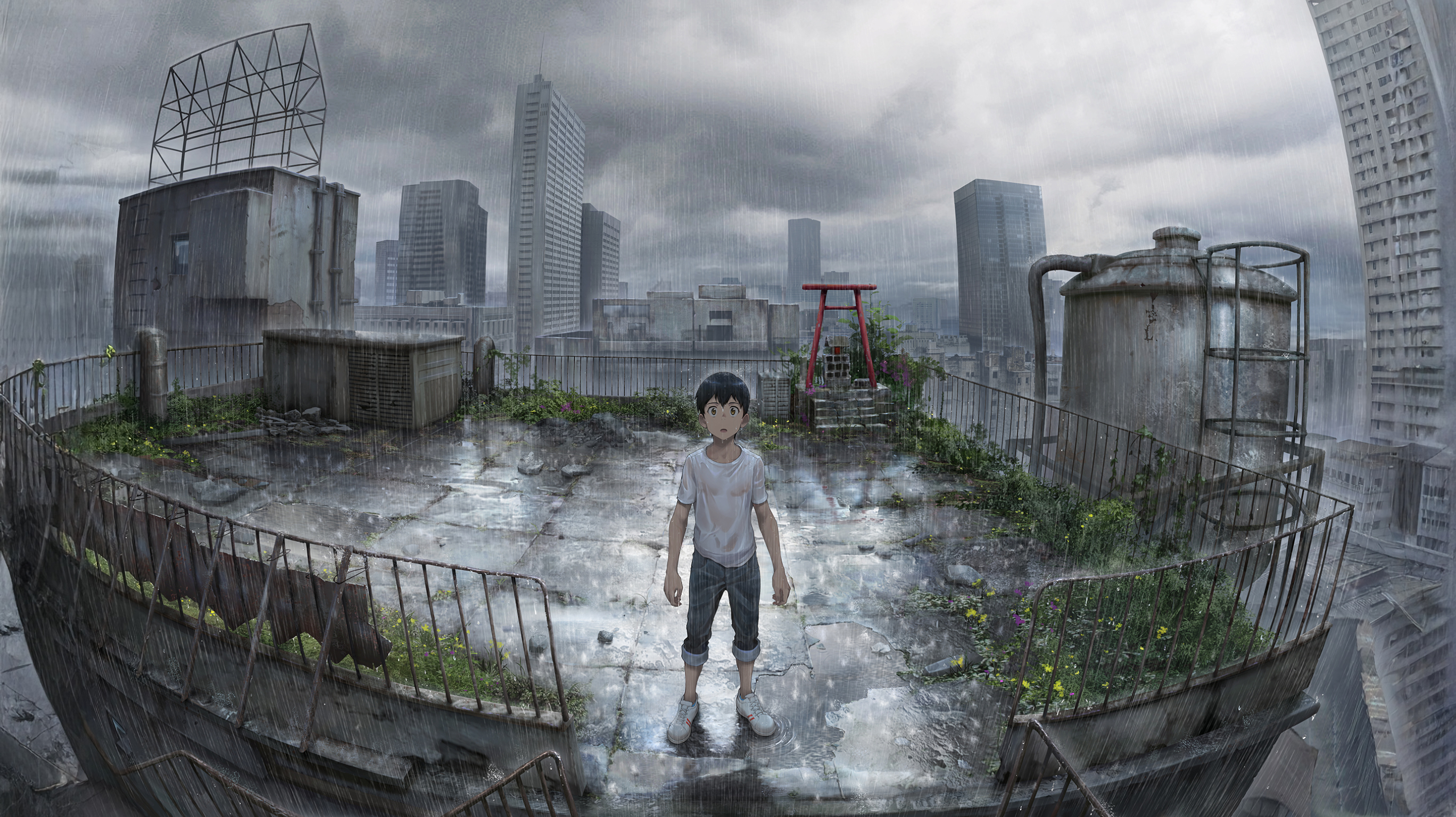 Anime 2736x1536 Hodaka Morishima Weathering With You overcast rain city anime boys Beitemian looking at viewer standing short sleeves building short hair clouds sky rooftops grass railing skyscraper sneakers wet clothing torii water tank wet Shinto Shibuya tiles rubble ladder pipes white shirt brown eyes hair between eyes dark hair