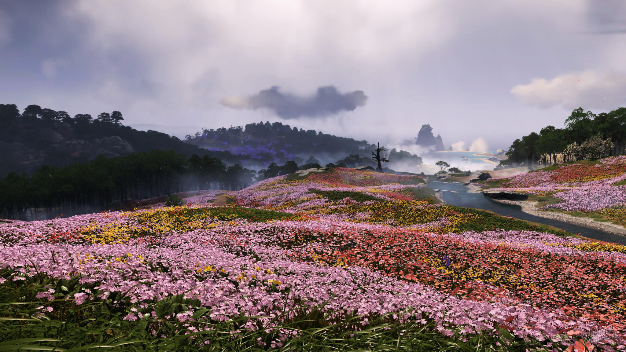 General 2048x1152 cwirasek screen shot Ultra graphics PlayStation Playstation 5 Sony Ghost of Tsushima  landscape field 4K video game art video games flowers