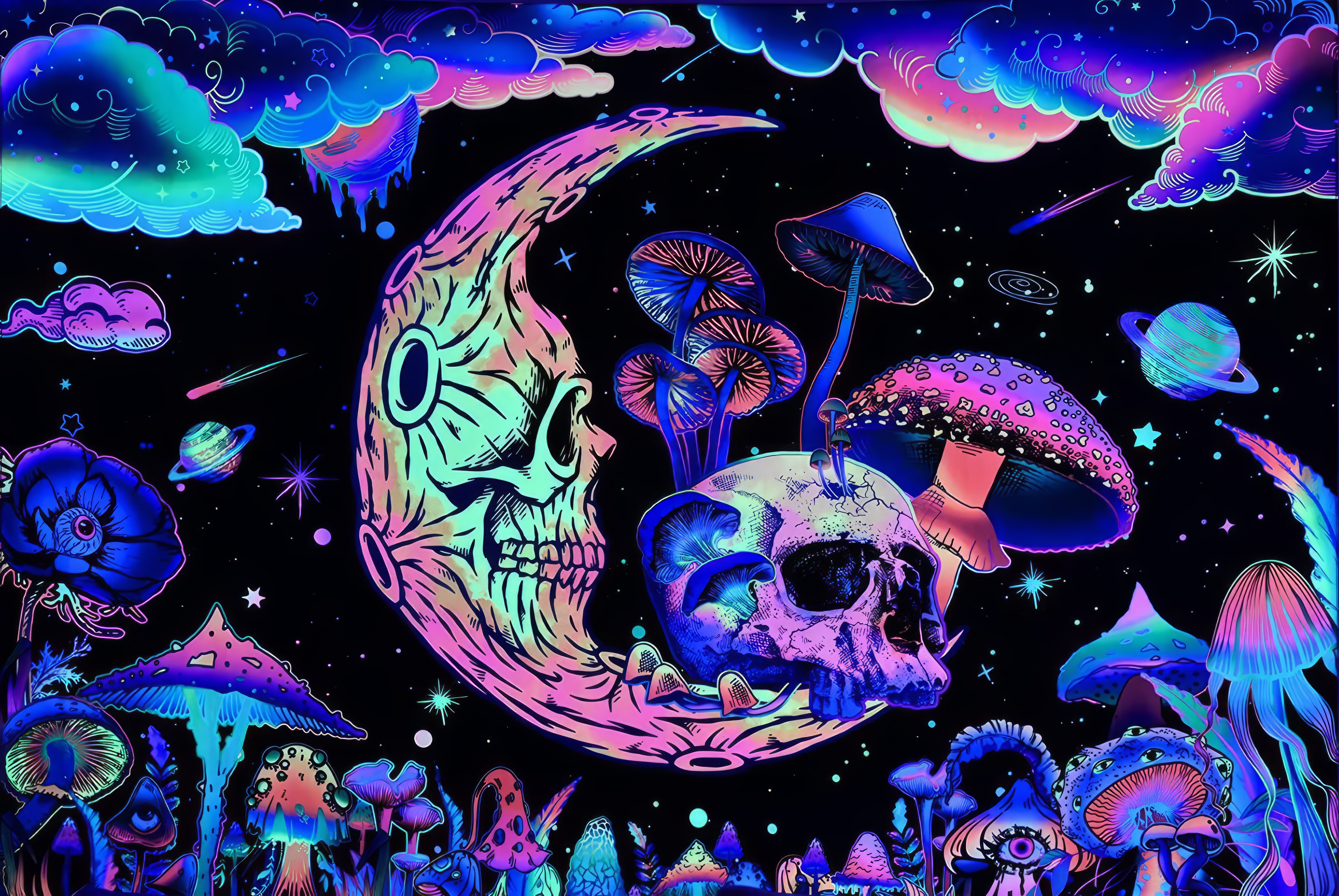 General 5712x3824 drawn neon crescent moon skull mushroom colorful psychedelic galaxy stars planet clouds