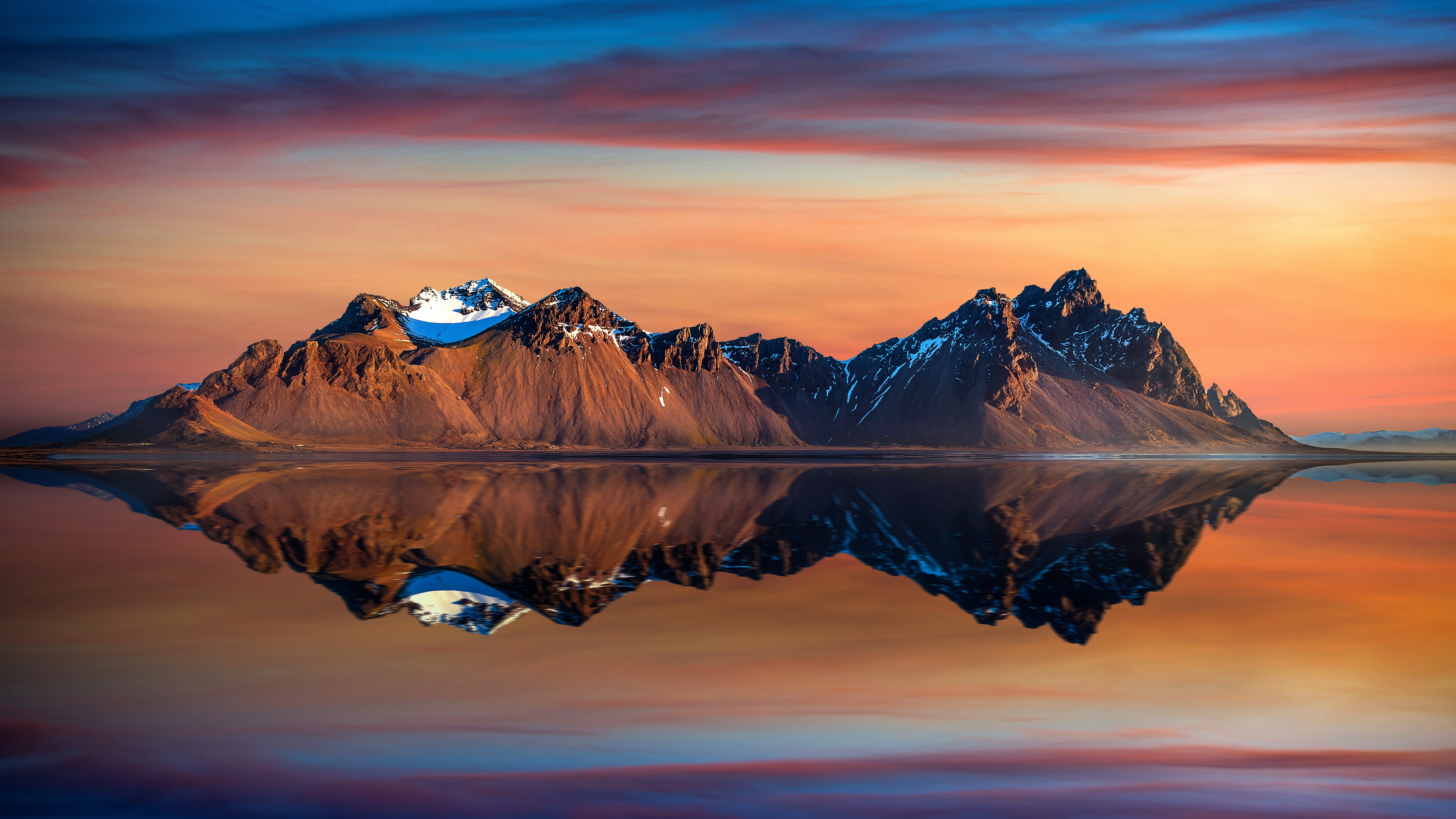 General 5500x3094 Iceland mountains reflection sunset nature Stokksnes clouds orange landscape water