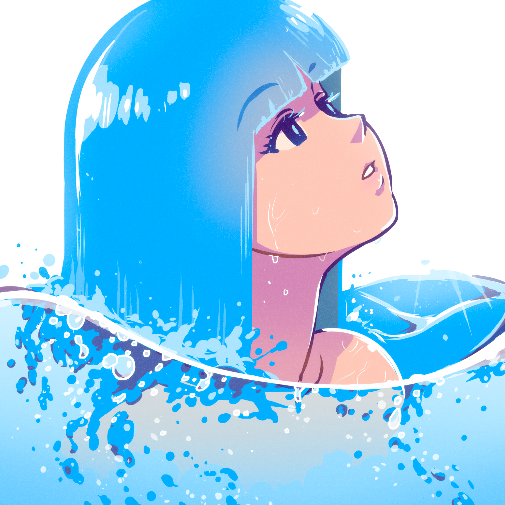 General 1706x1706 digital art water fictional character dripping in water looking away looking up akairiot blue hair submerged white background simple background