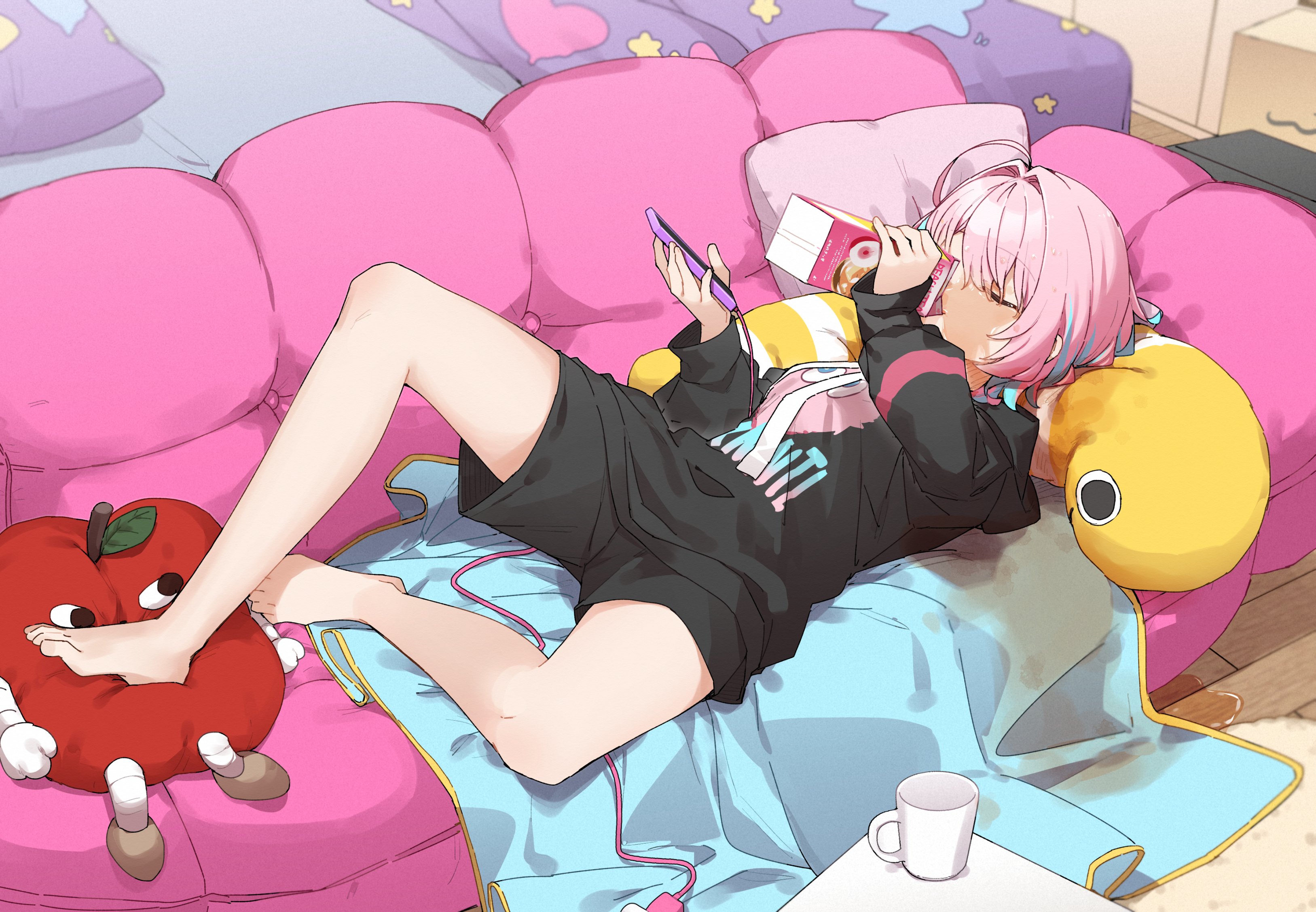 Anime 3254x2257 lying on couch anime girls plush toy smartphone
