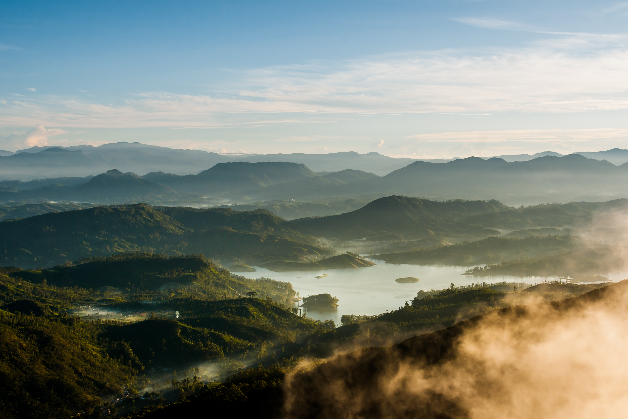 General 2500x1667 nature landscape sky clouds mountains far view mist lake water sunrise village Sri Lanka